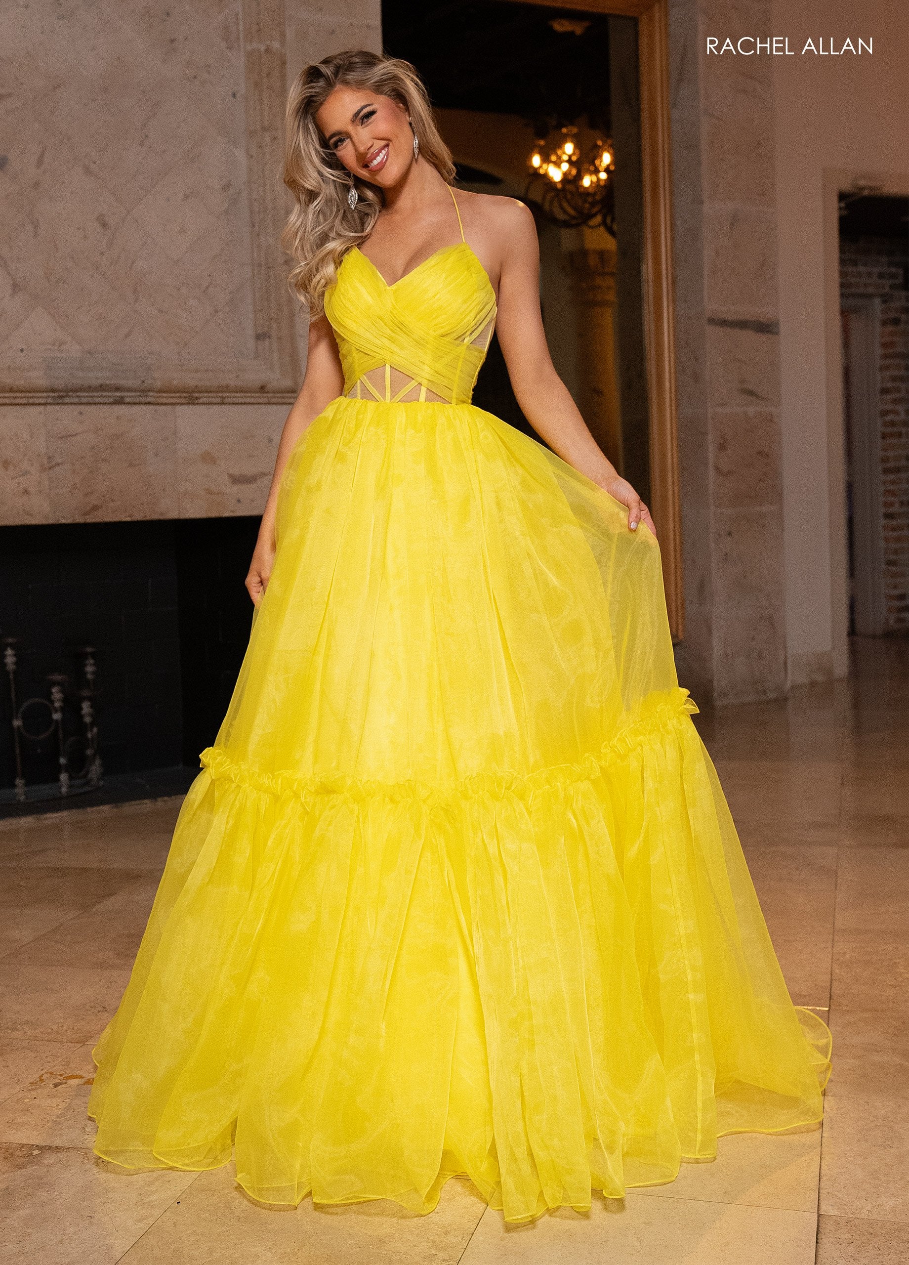 Prom Dresses Long Formal Tiered Ball Gown Pleated Prom Dress Yellow
