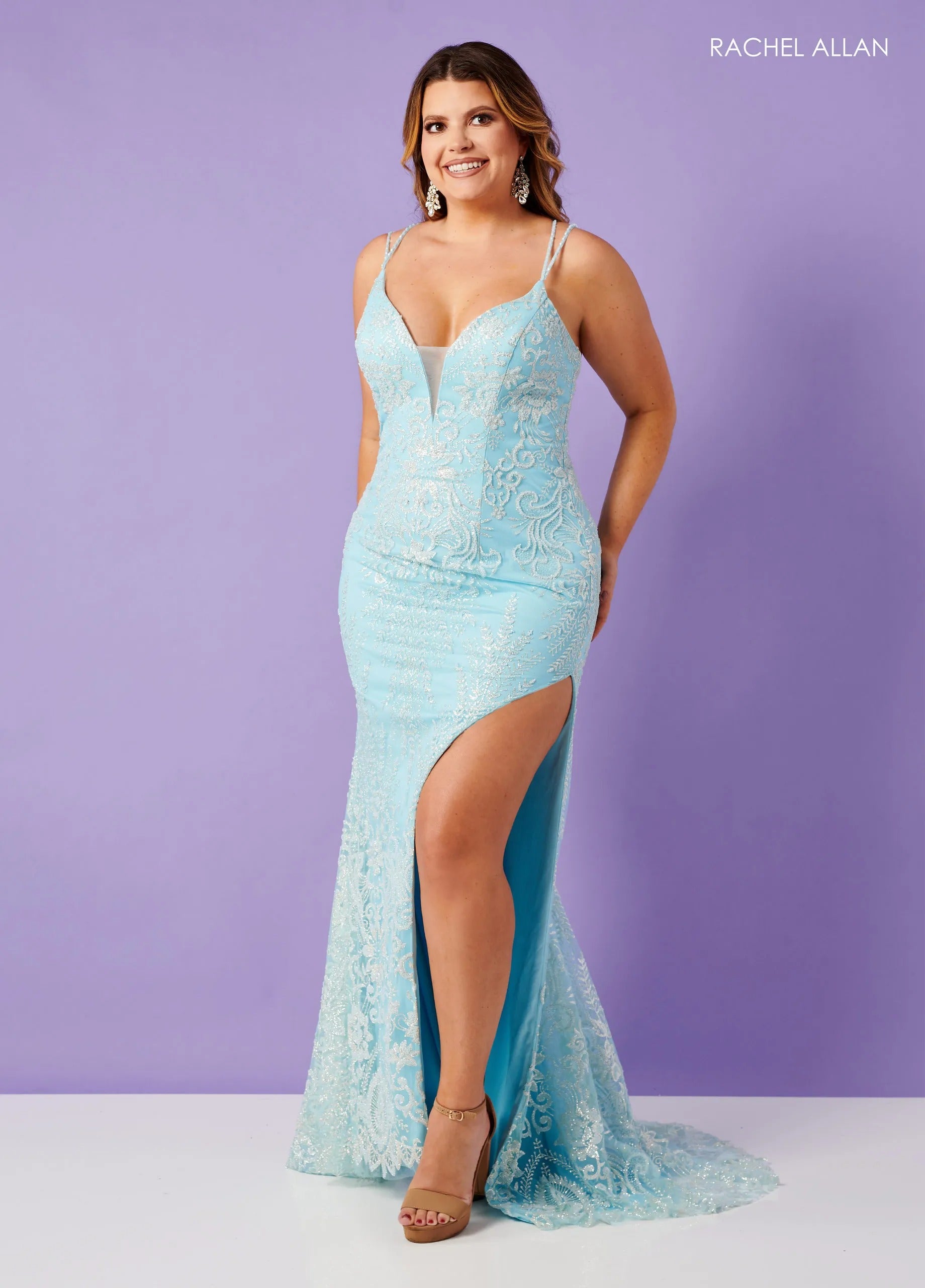 Prom Dresses Long Formal Beaded Glitter Floral Slit Prom Dress Rachel Allan 70463 Powder Blue
