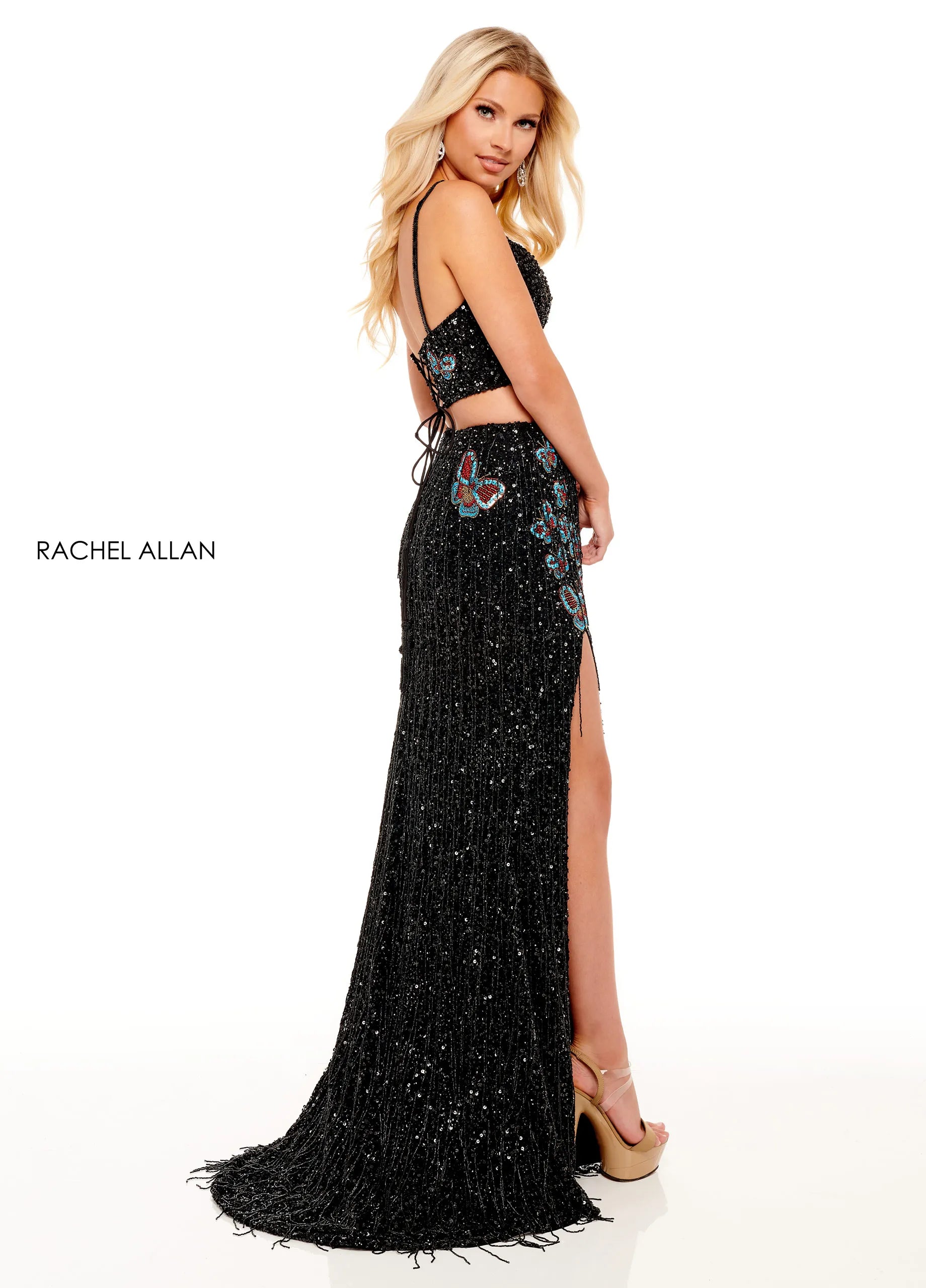 Prom Dresses Long Formal Beaded Sequin Two Piece Slit Prom Dress Rachel Allan 70258 Black Multi