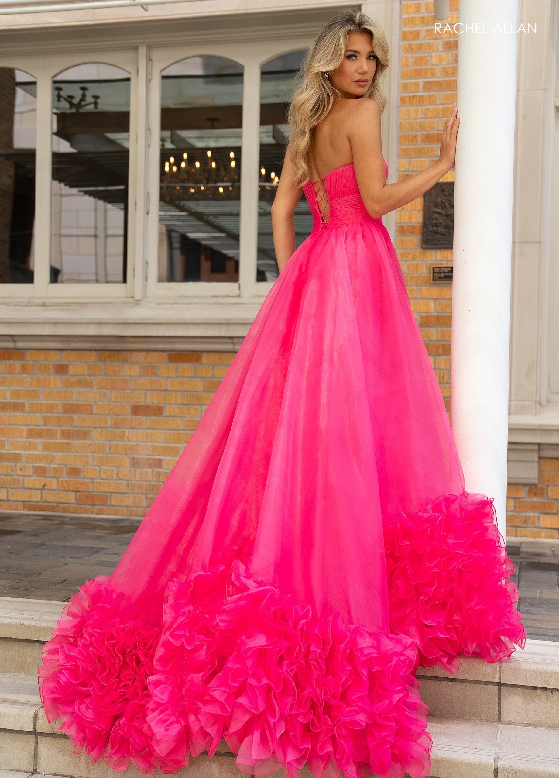 Prom Dresses Long Slit Ruffled Formal Prom Dress Hot Pink