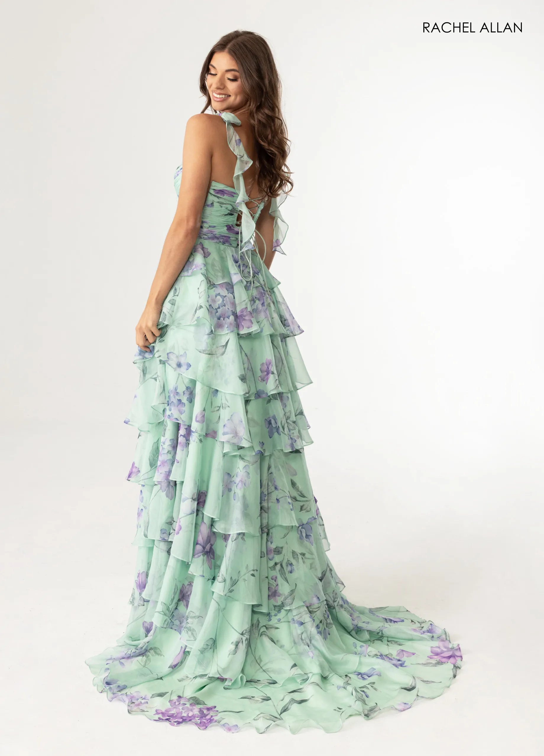Prom Dresses Long Formal Floral Print Ruffle Dress Sage Multi