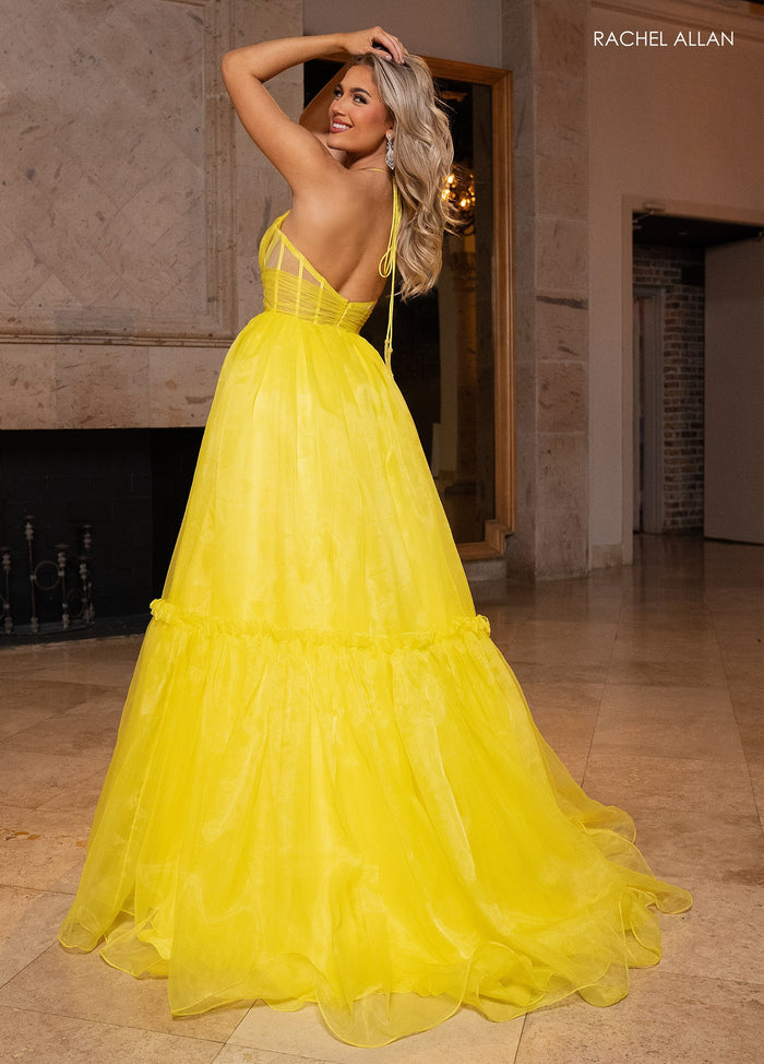 Prom Dresses Long Formal Tiered Ball Gown Pleated Prom Dress Yellow