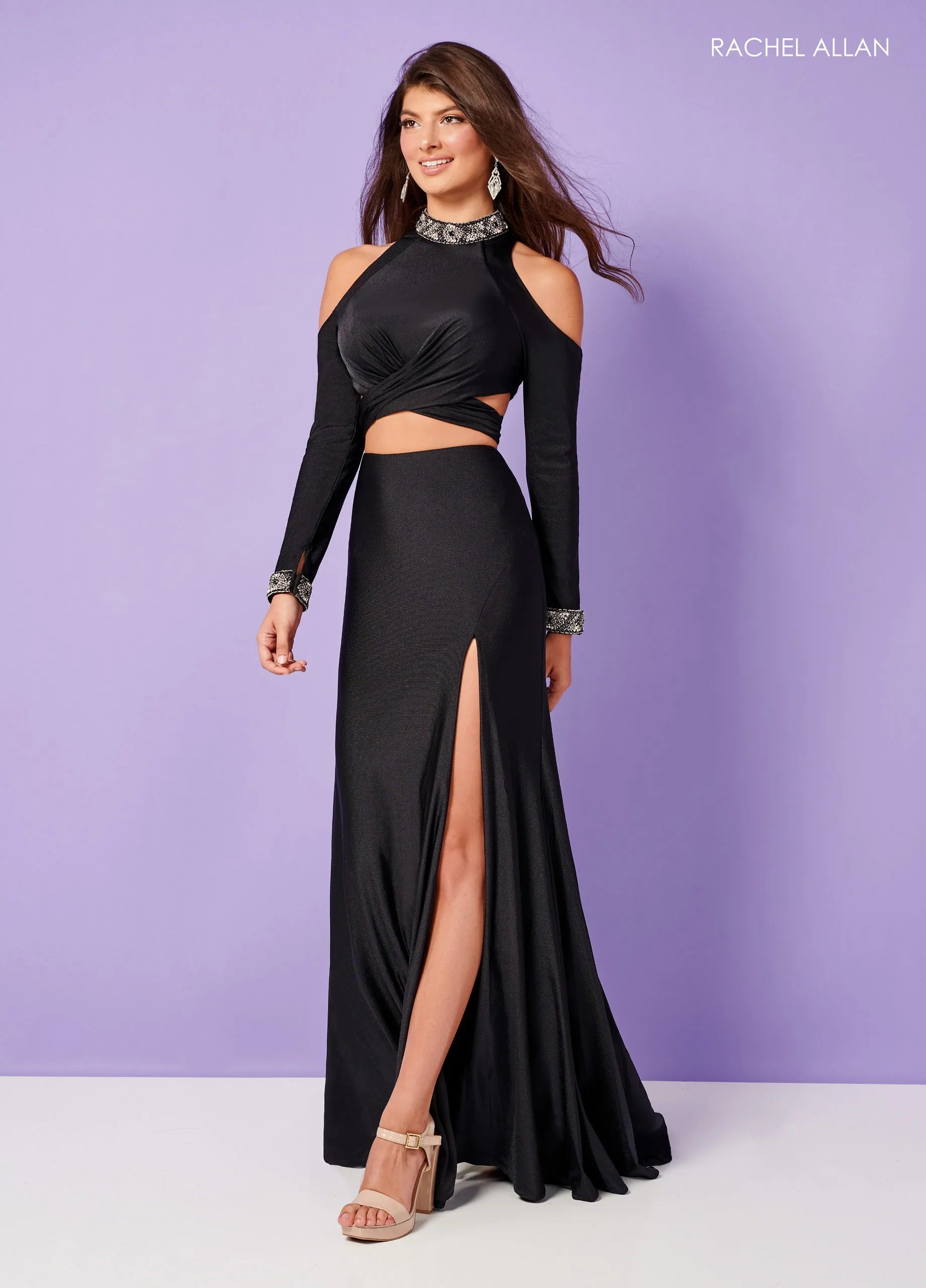Prom Dresses Long Formal Beaded Two Piece Slit Prom Dress Rachel Allan 70414 Black