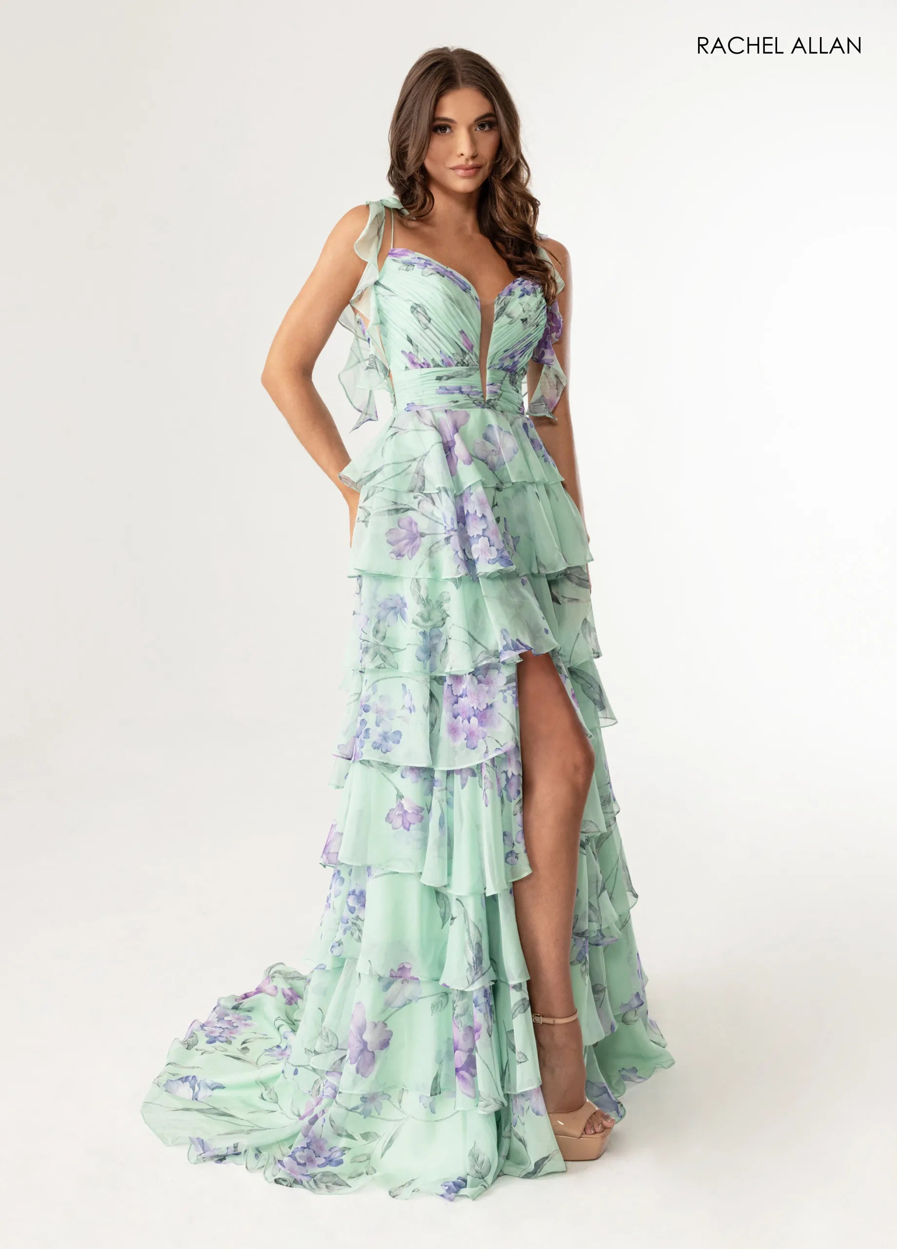 Prom Dresses Long Formal Floral Print Ruffle Dress Sage Multi
