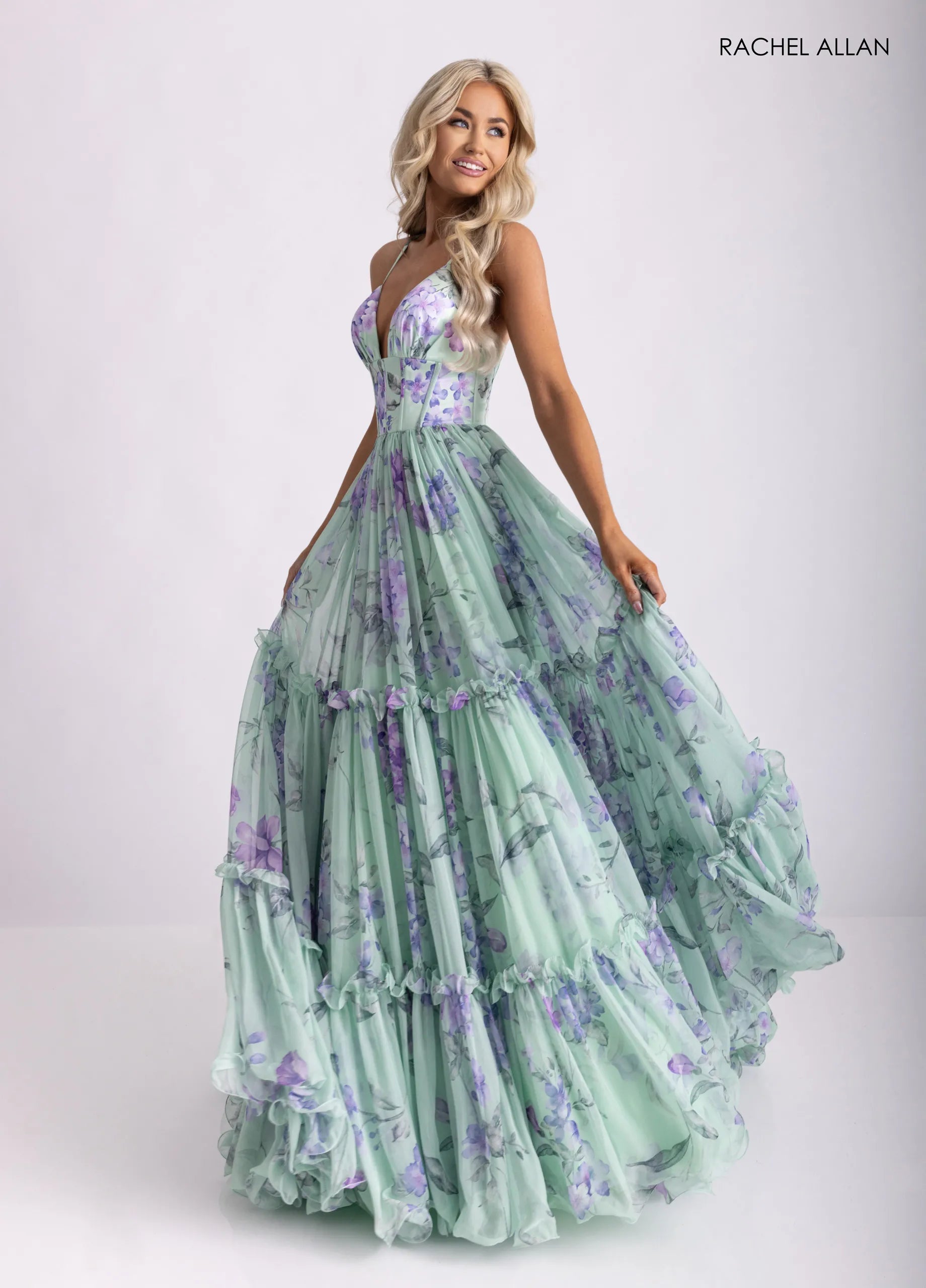 Prom Dresses Long Formal Floral Print Ball Gown Sage Multi