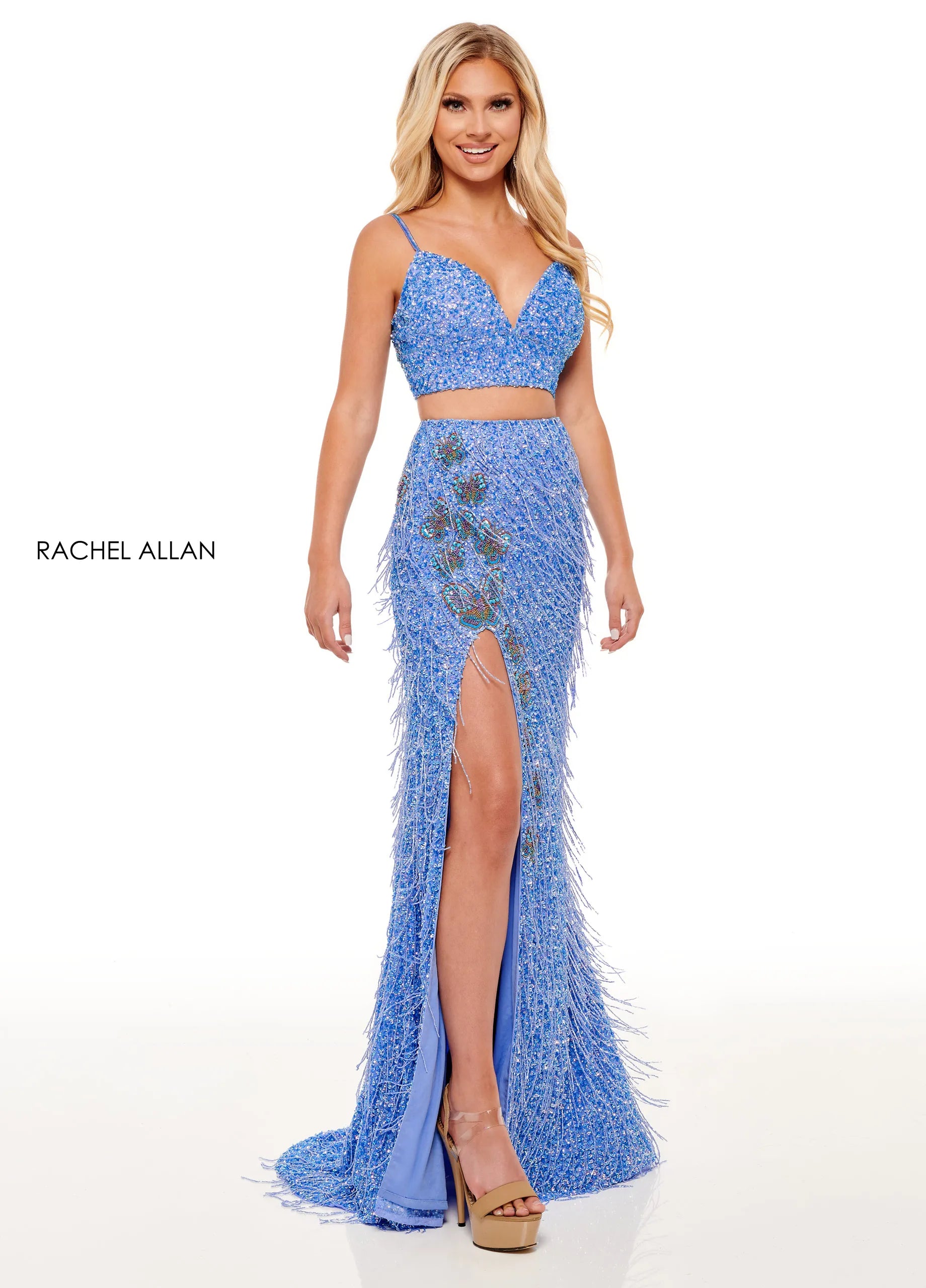 Prom Dresses Long Formal Beaded Sequin Two Piece Slit Prom Dress Rachel Allan 70258 Periwinkle Multi