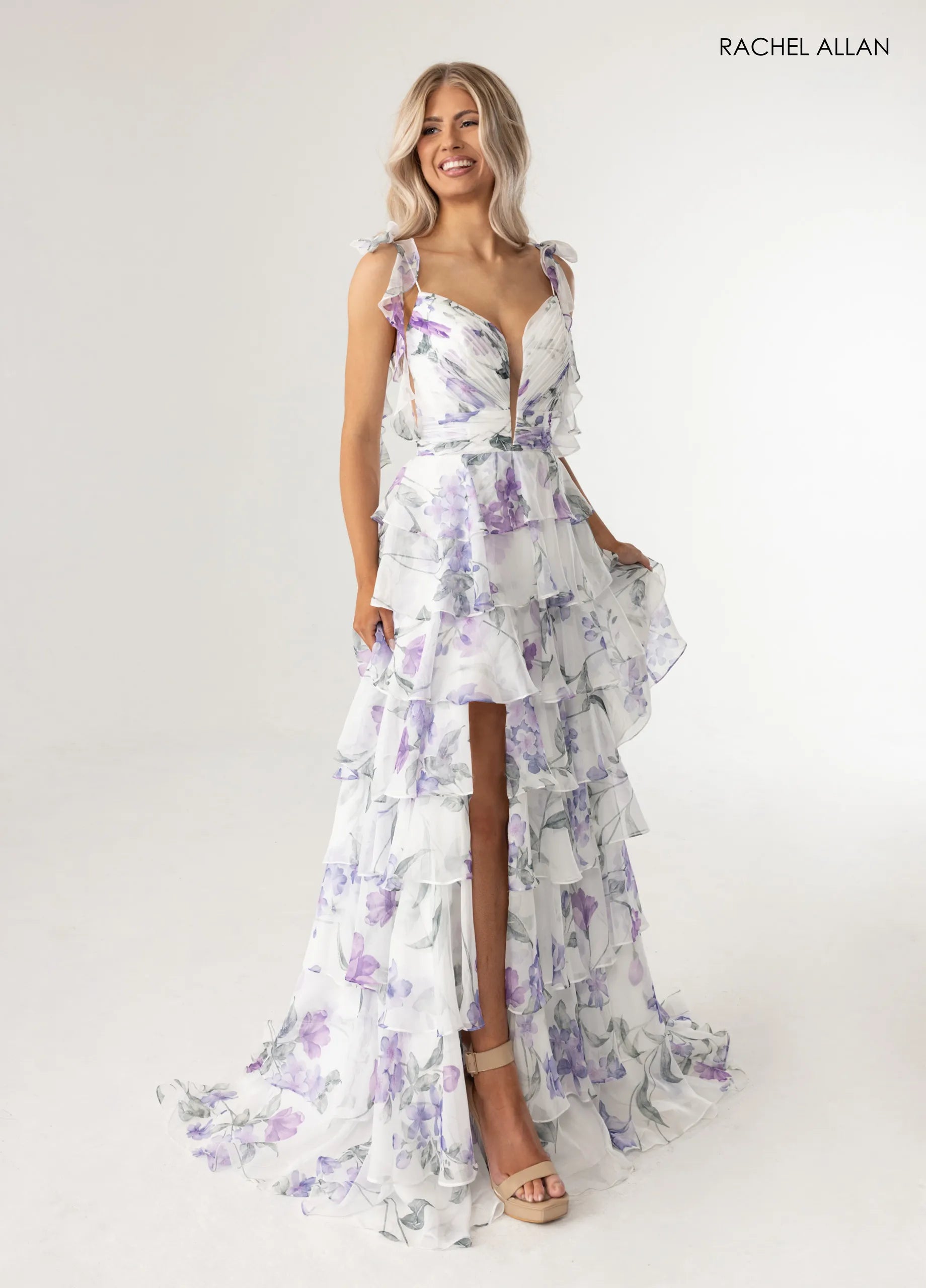 Prom Dresses Long Formal Floral Print Ruffle Dress White Multi