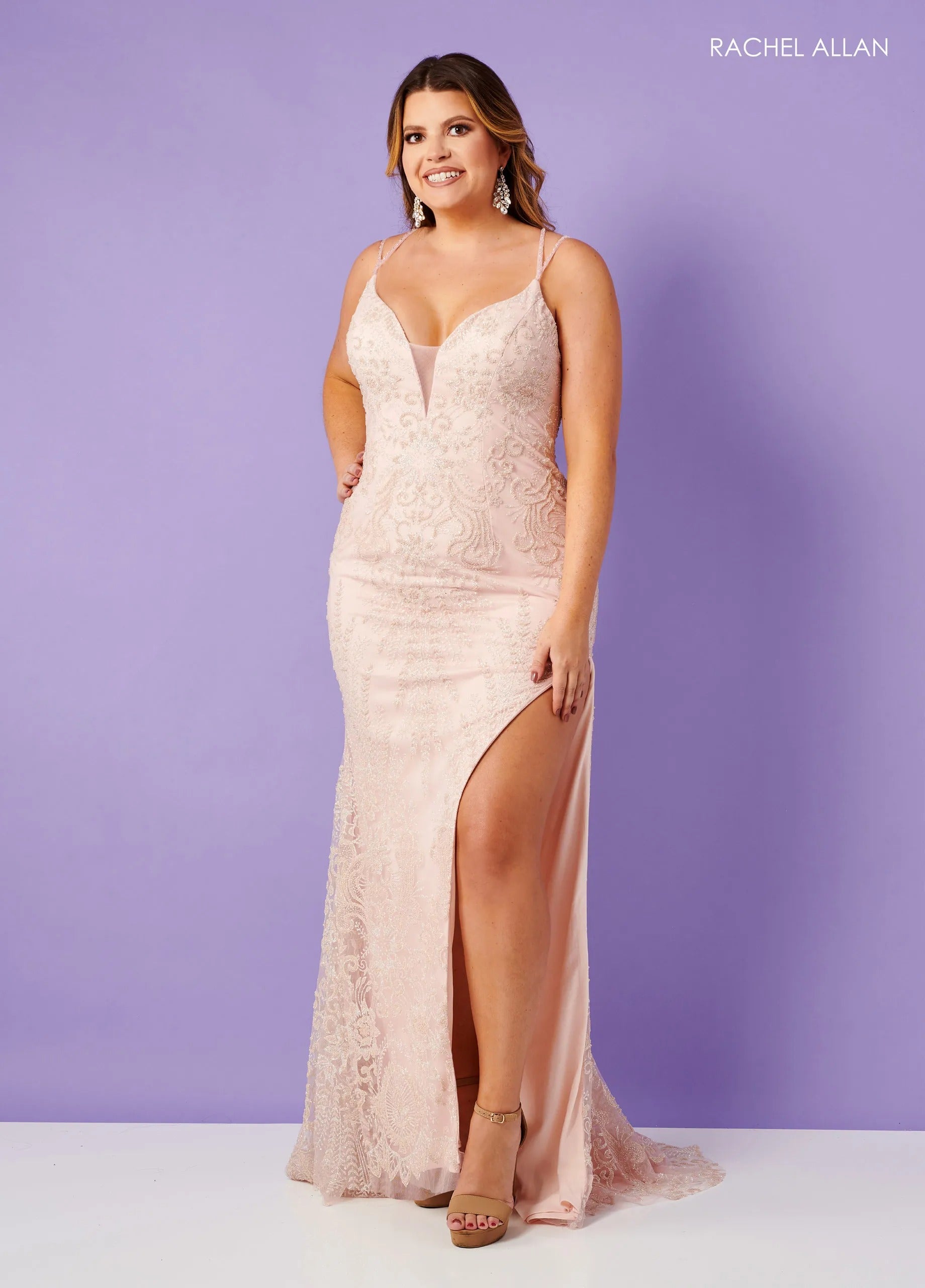 Prom Dresses Long Formal Beaded Glitter Floral Slit Prom Dress Rachel Allan 70463 Blush