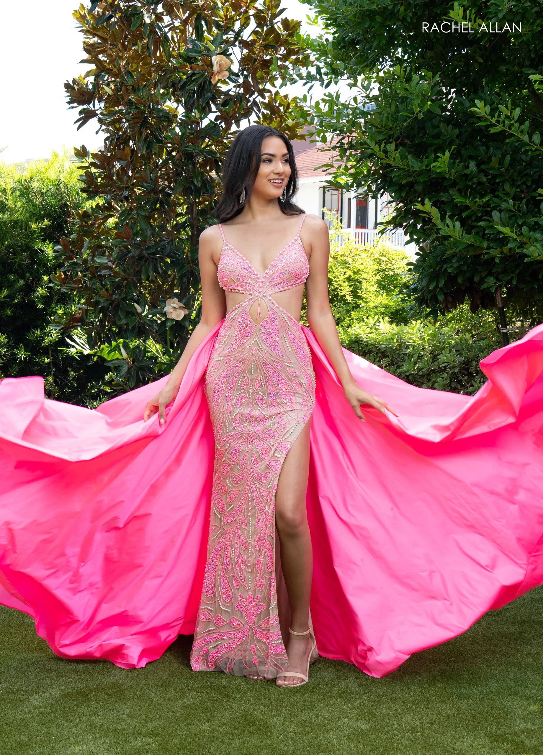Prom Dresses Long Prom Formal Beaded Evening Dress Nude Hot Pink