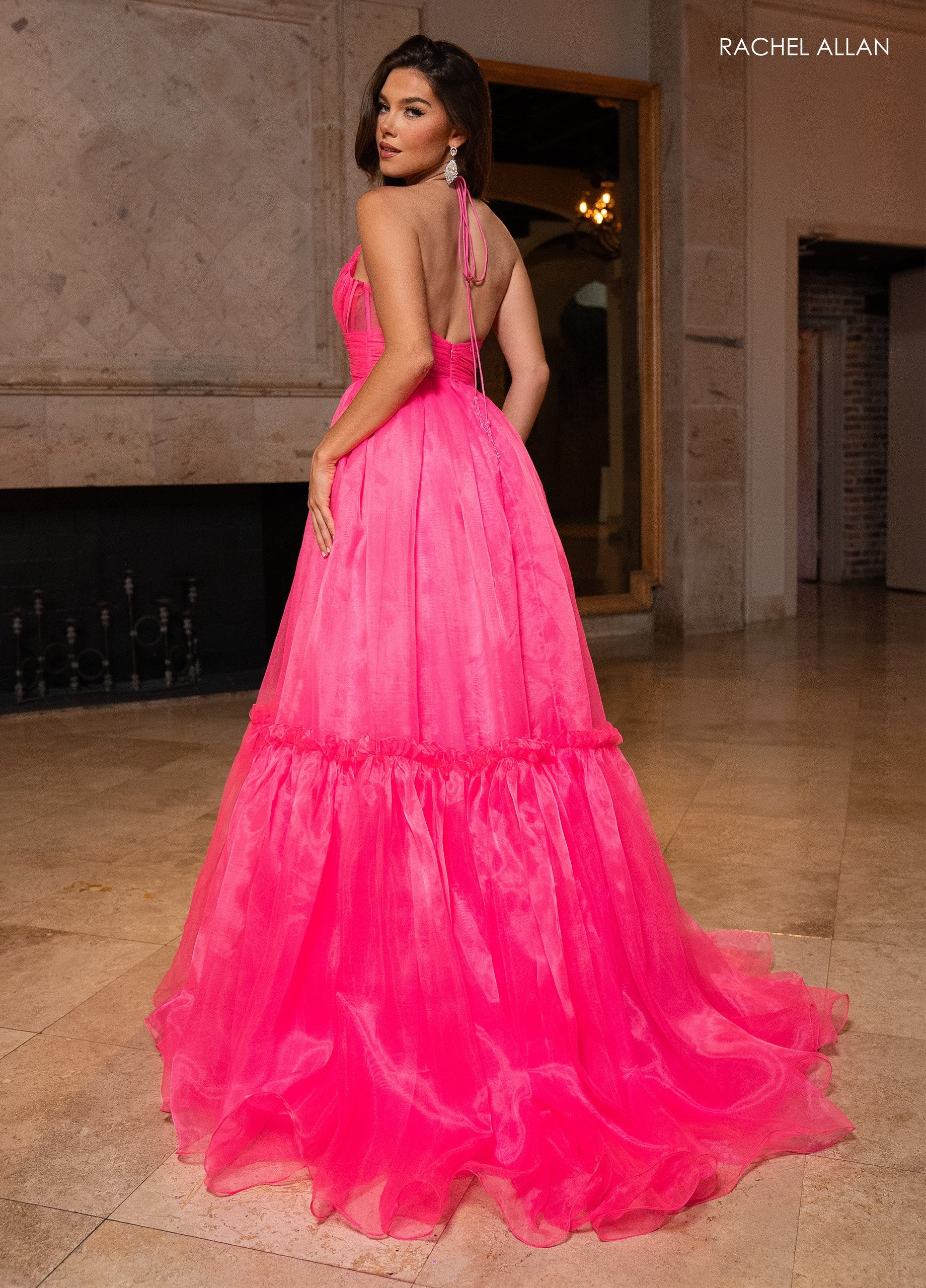 Prom Dresses Long Formal Tiered Ball Gown Pleated Prom Dress Hot Pink