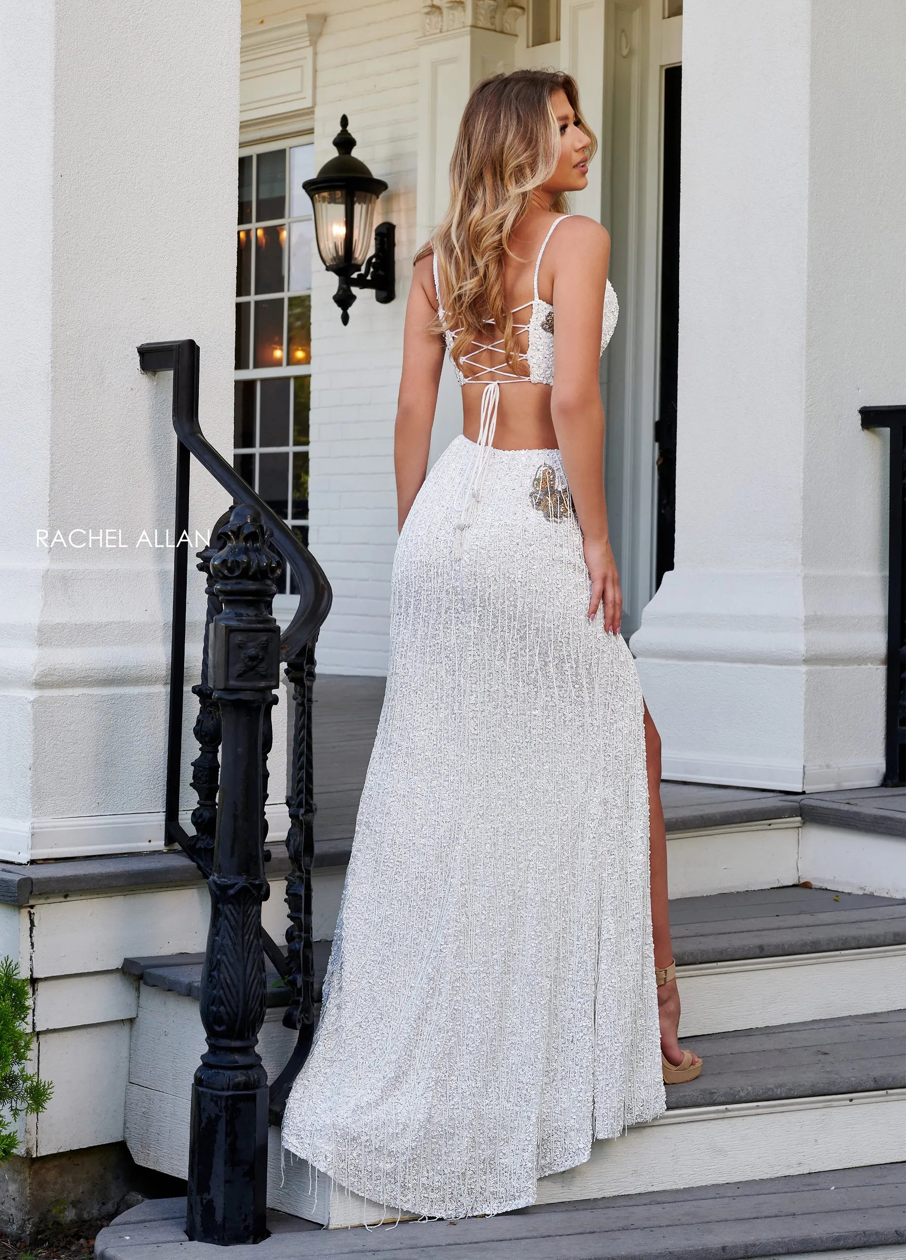 Prom Dresses Long Formal Beaded Sequin Two Piece Slit Prom Dress Rachel Allan 70258 White Gold