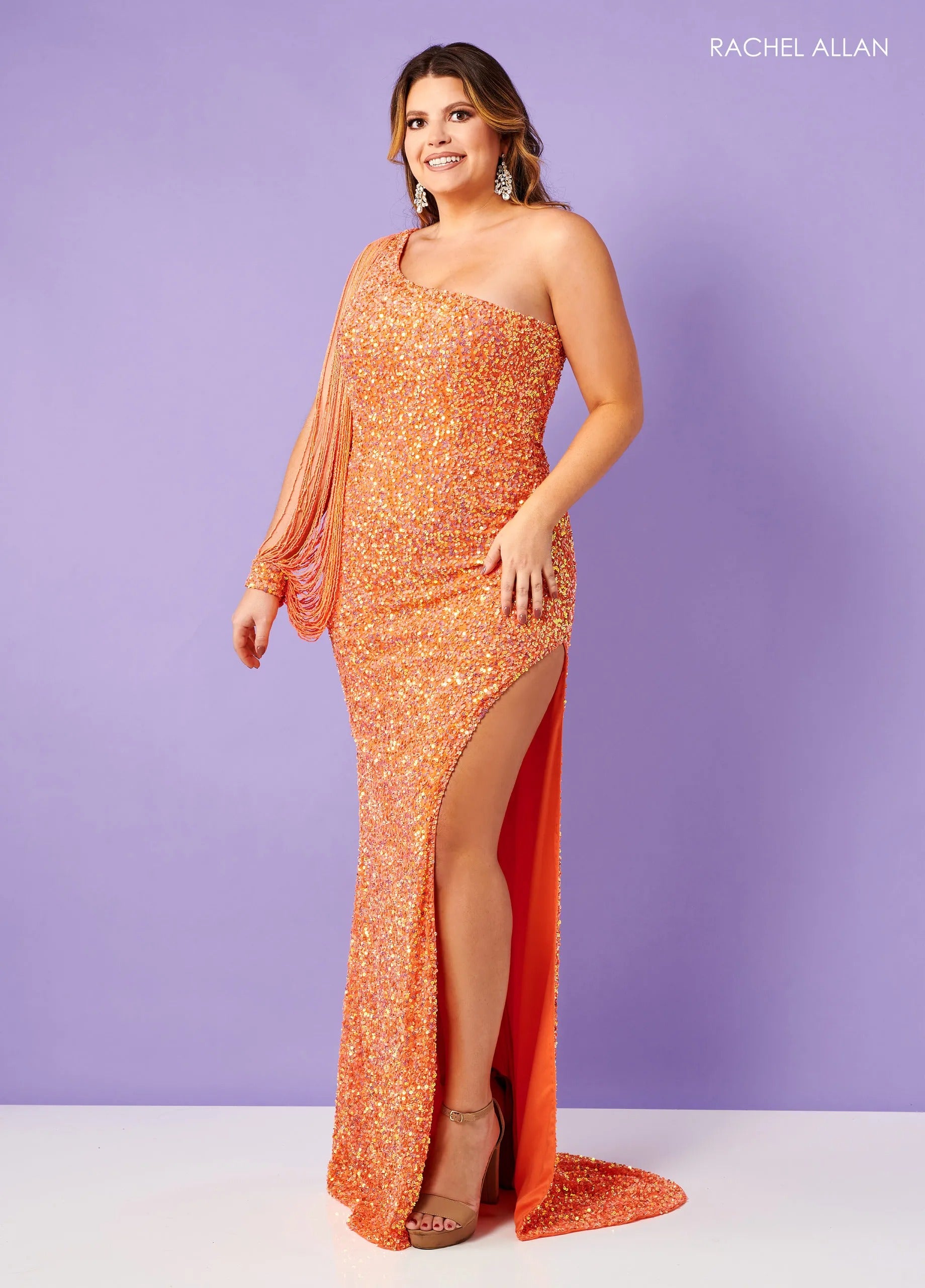 Prom Dresses Beaded Sequin Slit Formal Prom Long Dress Rachel Allan 70368 Tangerine