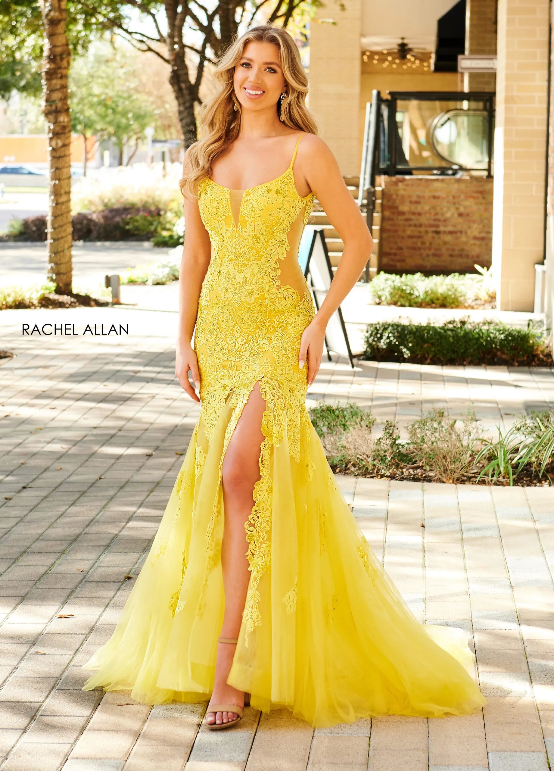 Prom Dresses Long Formal Floral Applique Slit Corset Prom Dress Rachel Allan 70275 Bright Yellow