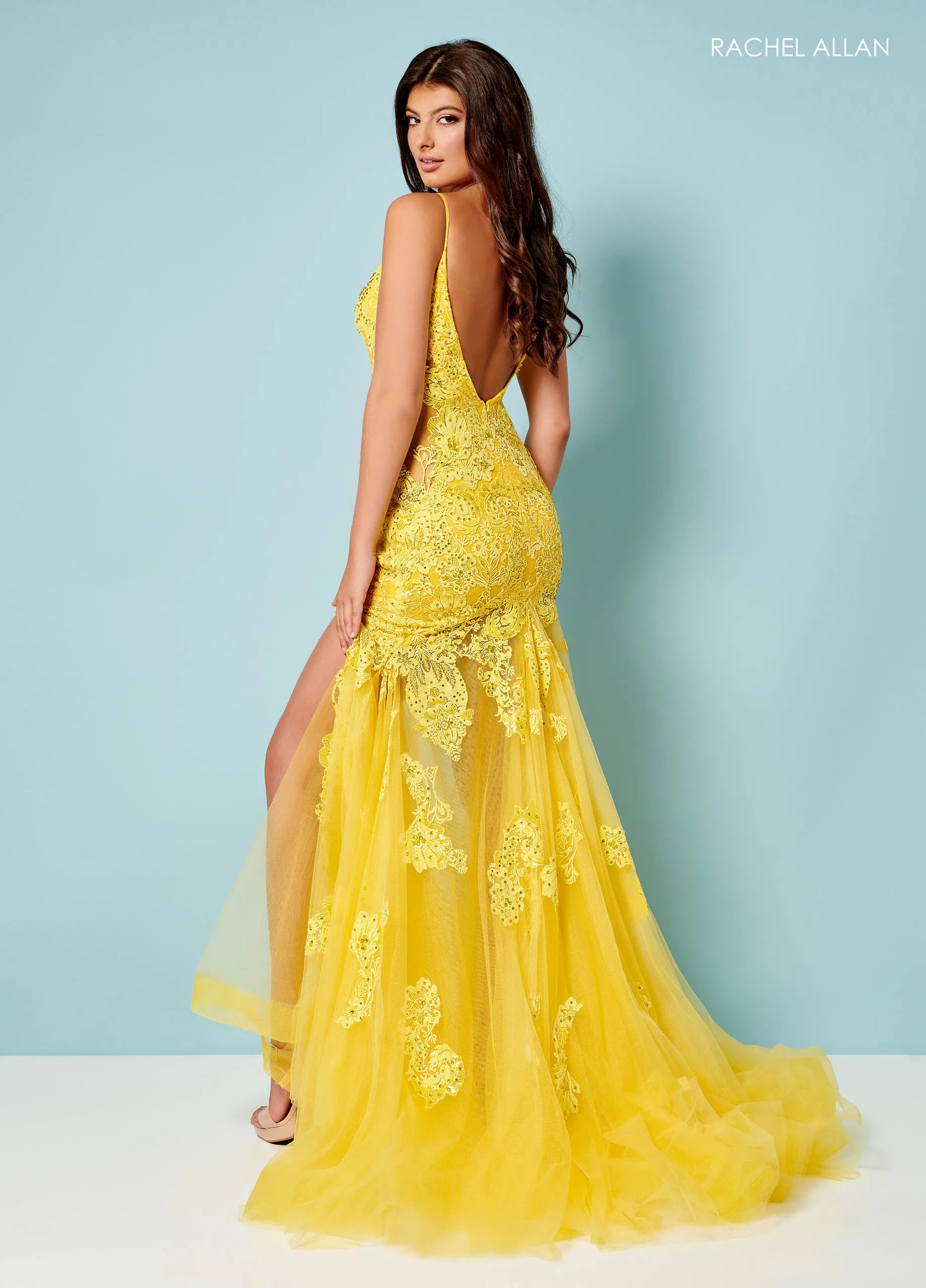 Prom Dresses Long Formal Floral Applique Slit Corset Prom Dress Rachel Allan 70275 Bright Yellow