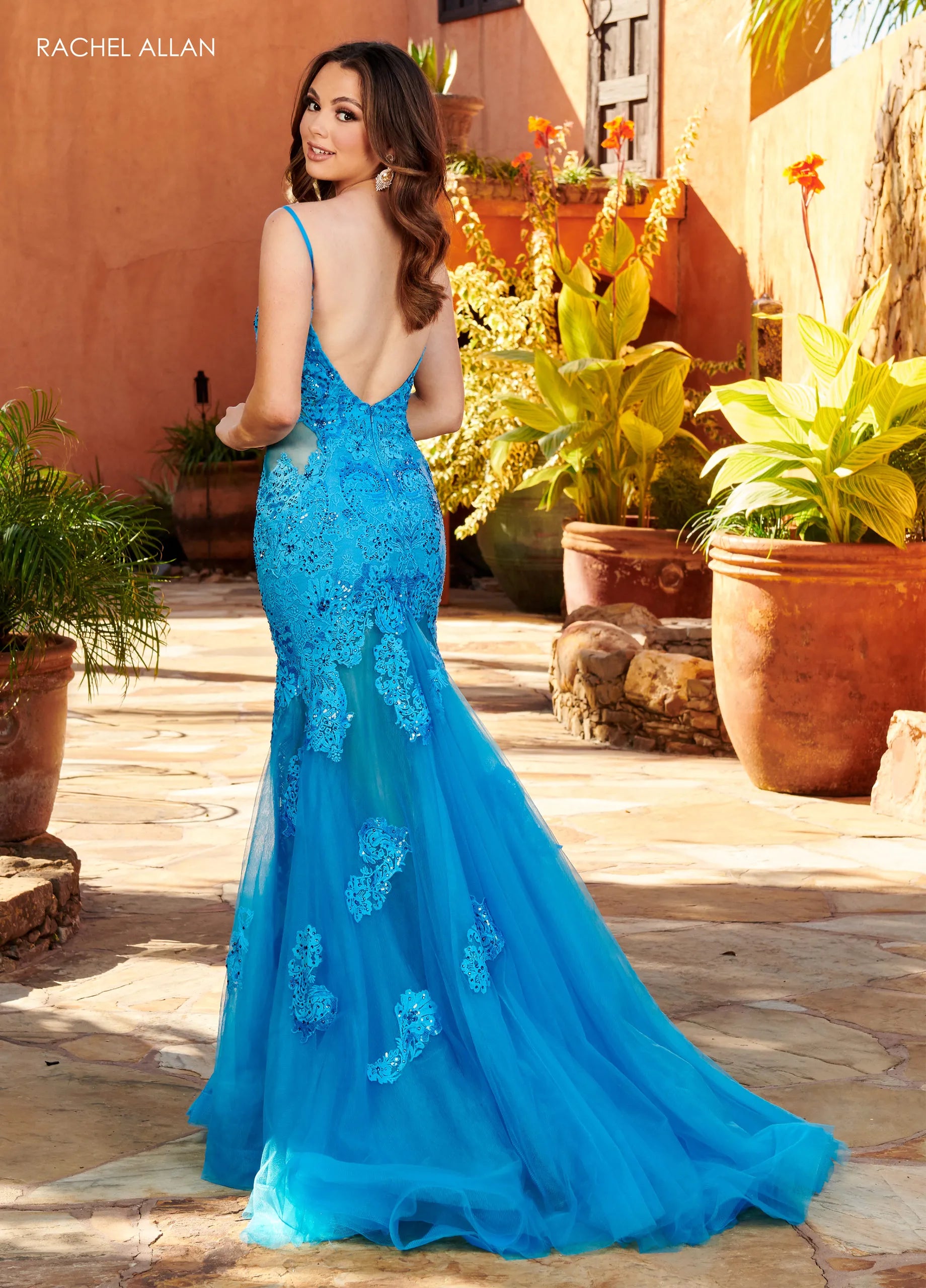 Prom Dresses Long Formal Floral Applique Slit Corset Prom Dress Rachel Allan 70275 Ocean Blue