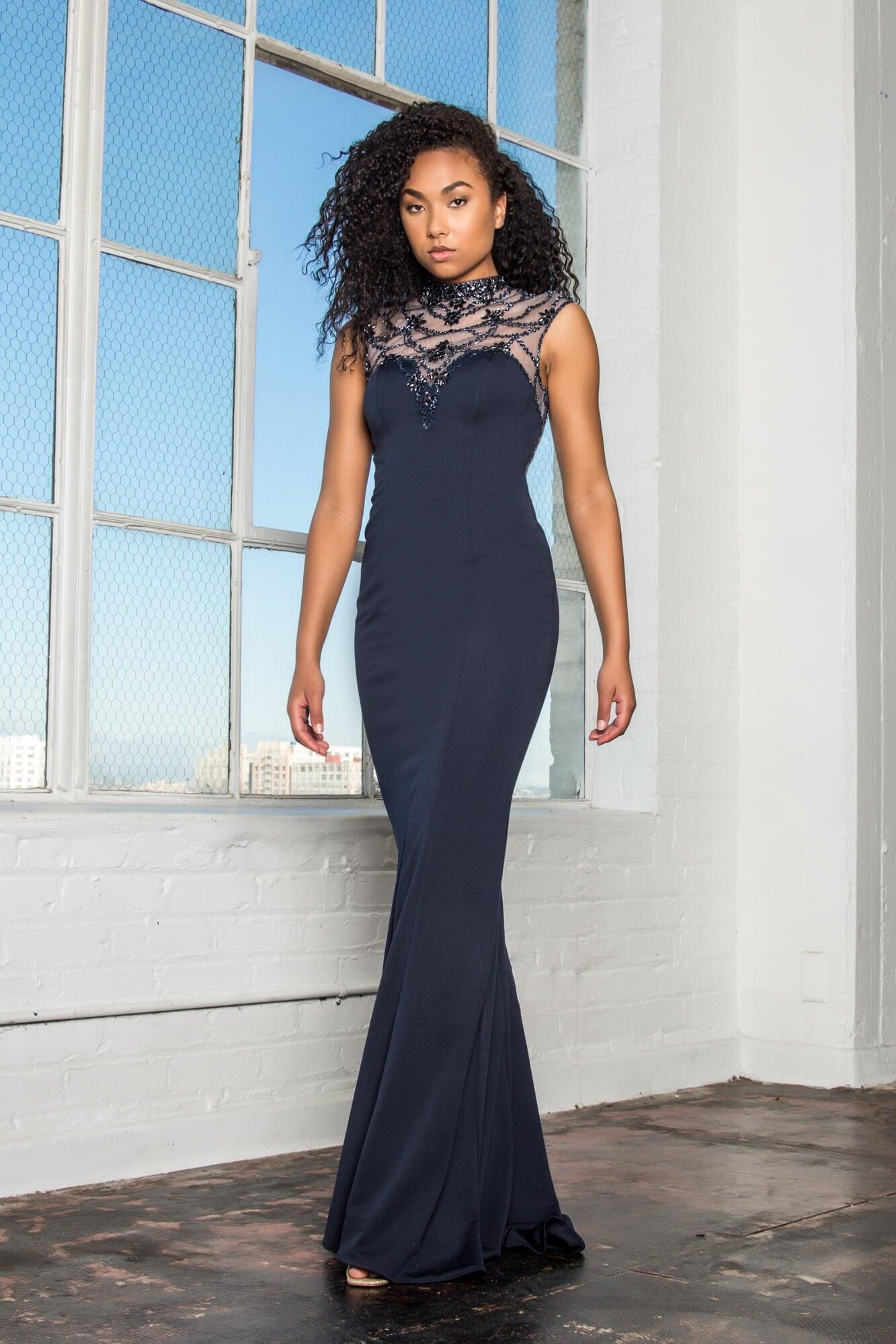 Navy Prom Formal Dress Beaded High Neck Evening Gown DressOutlet