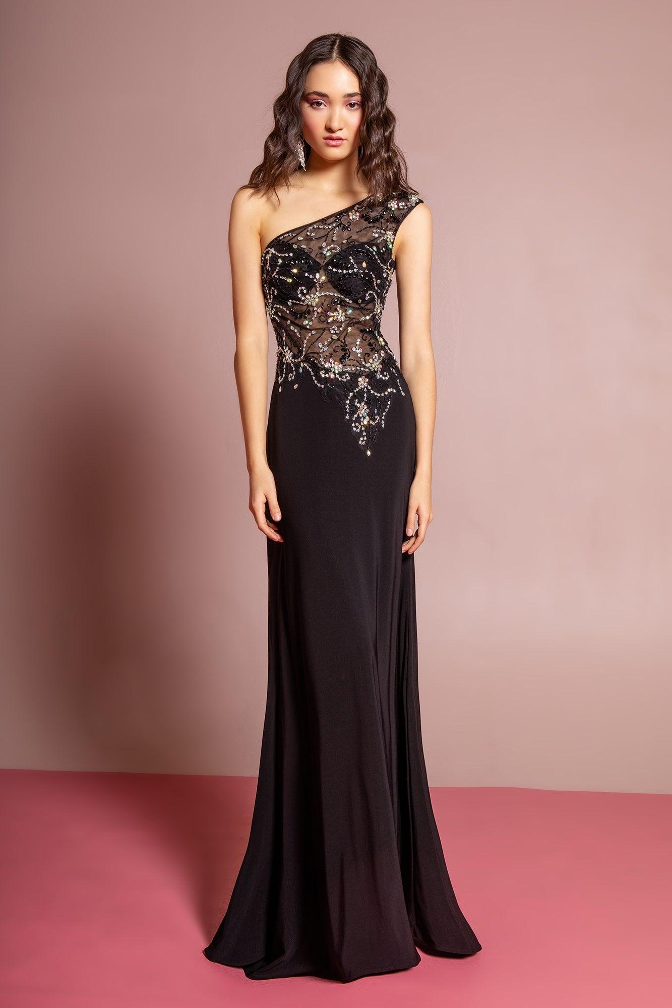 Black Prom Long Beaded One Shoulder formal Evening Dress
