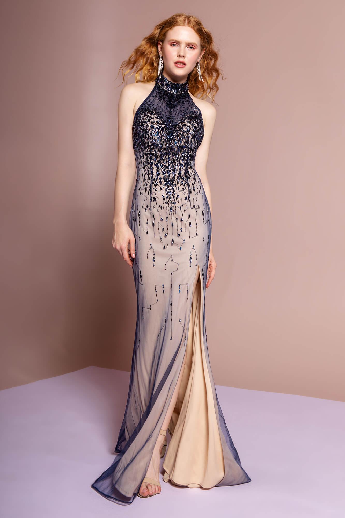 Navy/Nude Prom Long Formal Dress Halter Neck Evening Gown