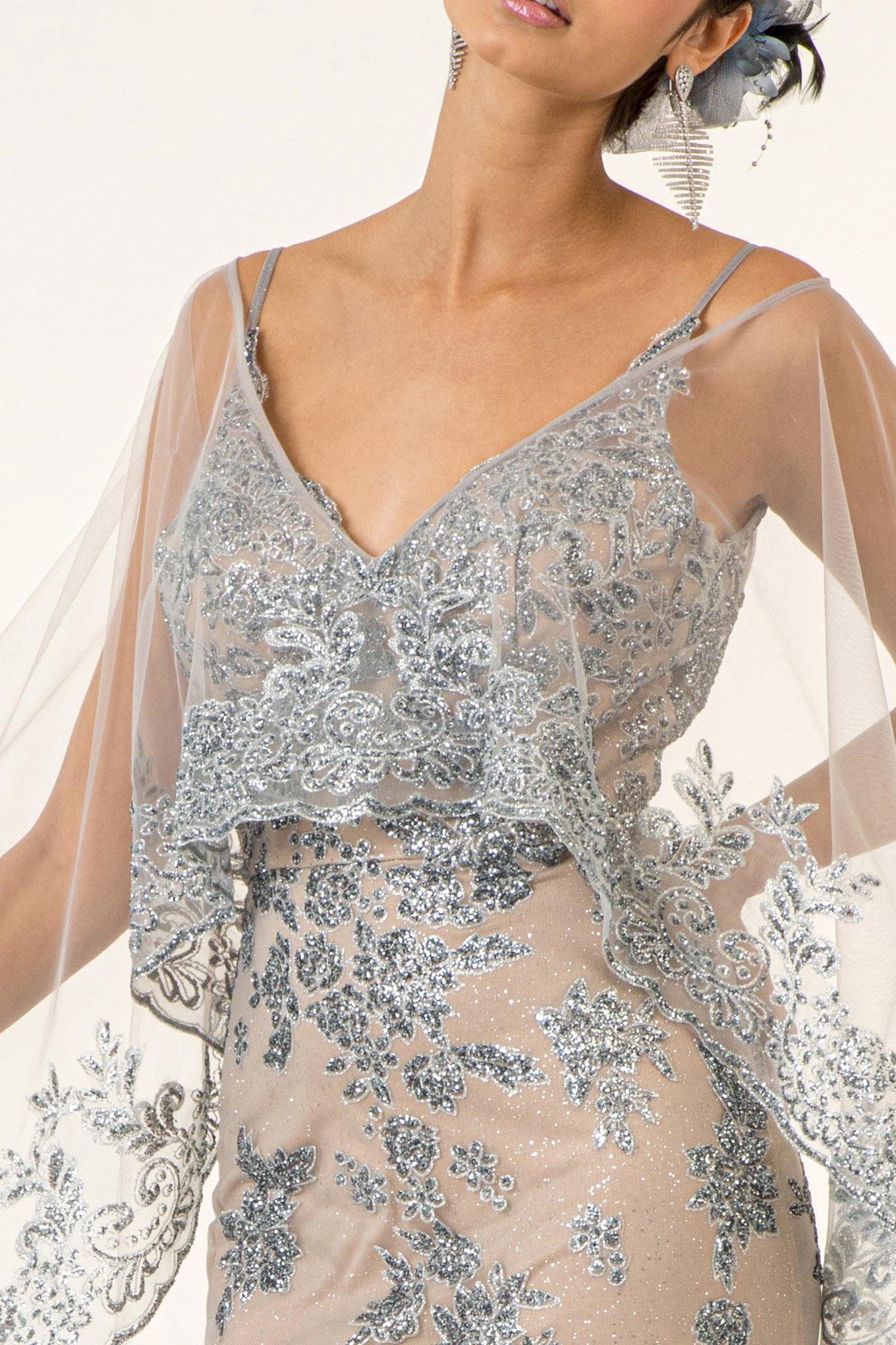 Prom Long Formal  Glitter Cape Dress