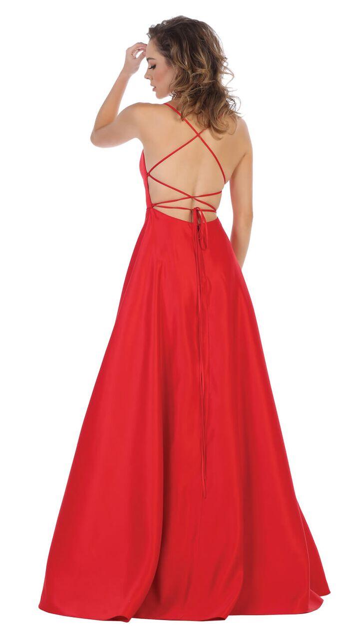 Prom Long Satin with Slit Open Back Dress - The Dress Outlet May Queen