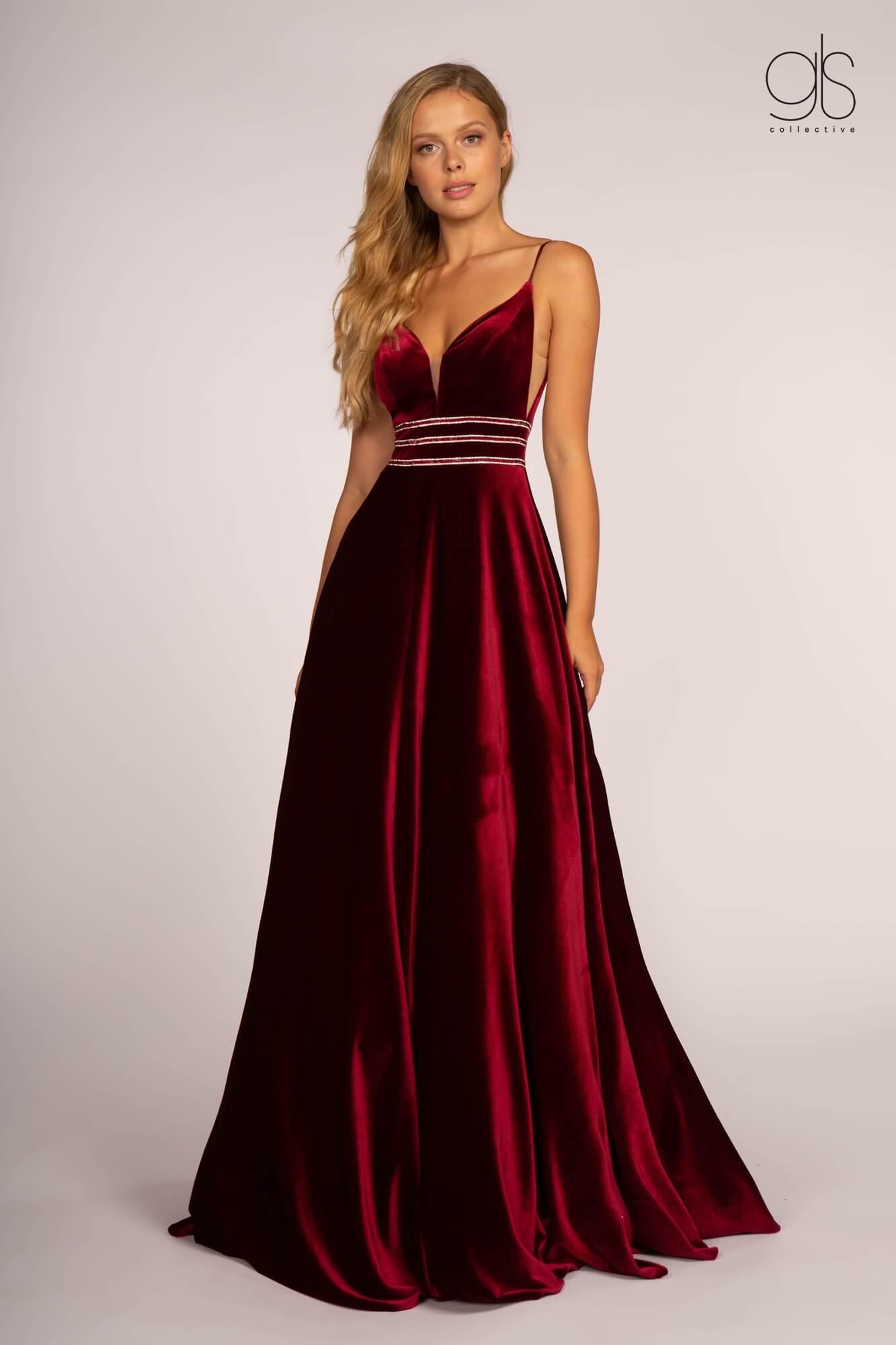 Burgundy Prom Long Spaghetti Strap Velvet Evening Dress