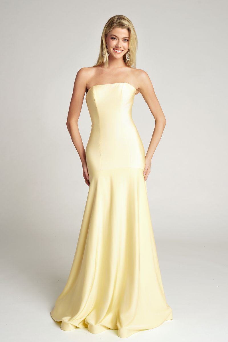 Yellow Strapless Floor-Length Satin Formal Mermaid Gown Soft Train Portia & Scarlett PS26101
