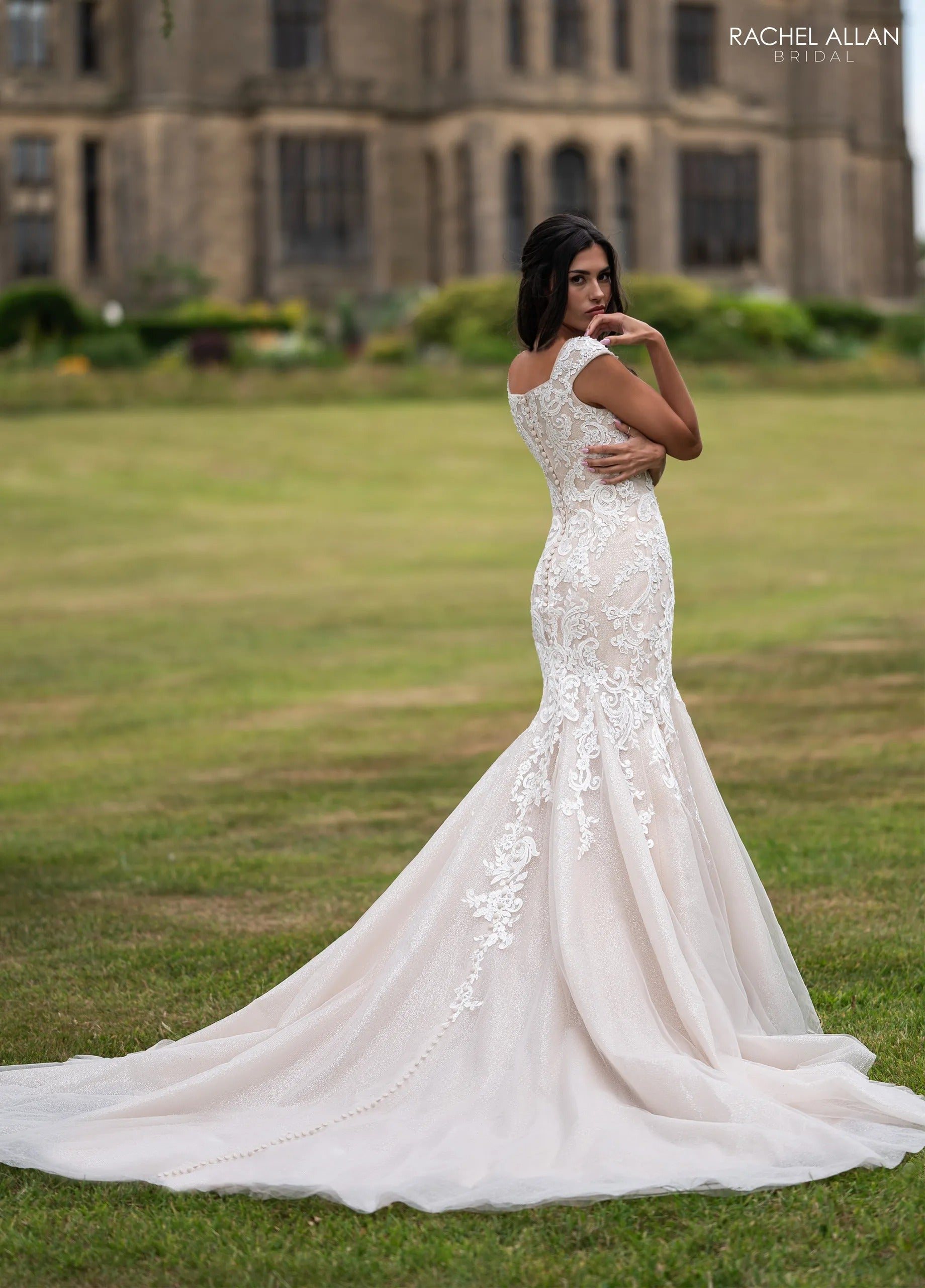 Ivory Nude Square Neck Floor-Length Lace and Glitter Tulle Bridal Wedding Gown with Cap Sleeves Rachel Allan RB7020