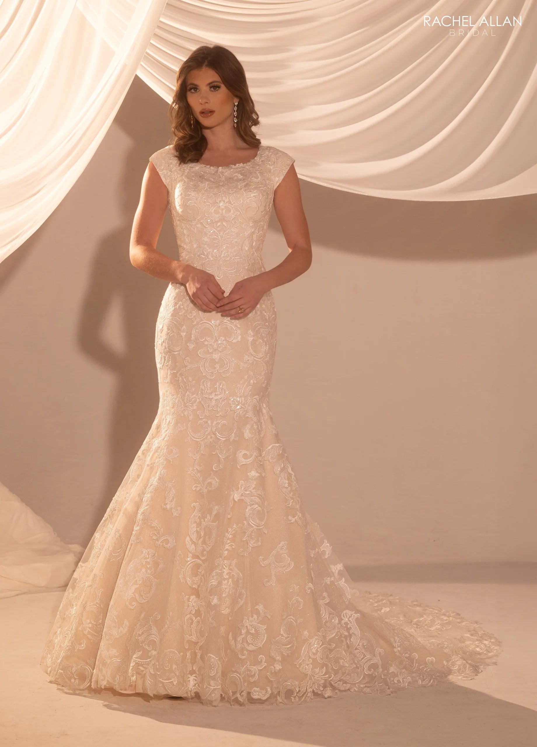 Ivory Blush Jewel Neck Floor-Length Lace Bridal Wedding Gown with Cap Sleeves Rachel Allan RB7014
