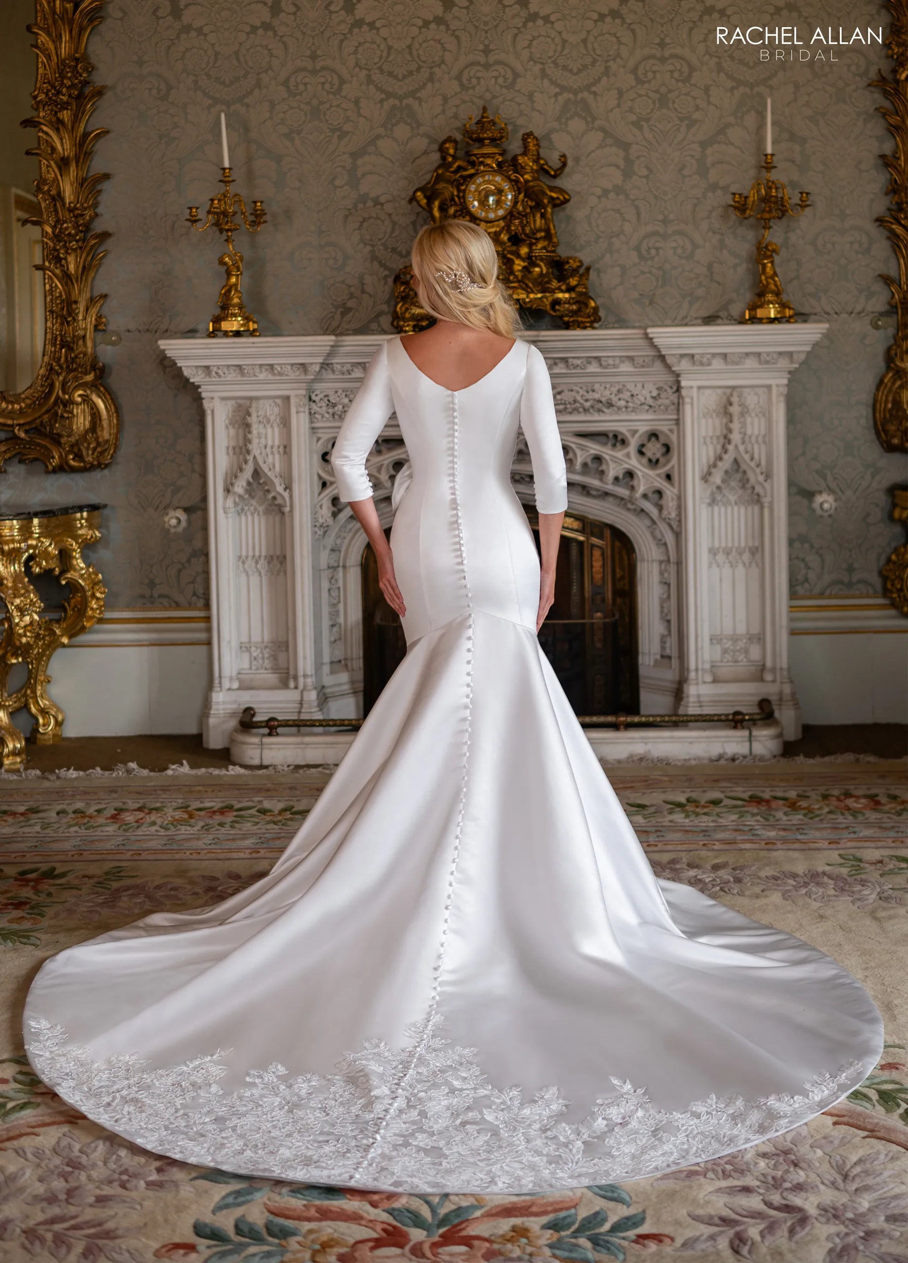 Ivory V-Neck Floor-Length Satin Bridal Gown with Rose Detail Rachel Allan RB7024