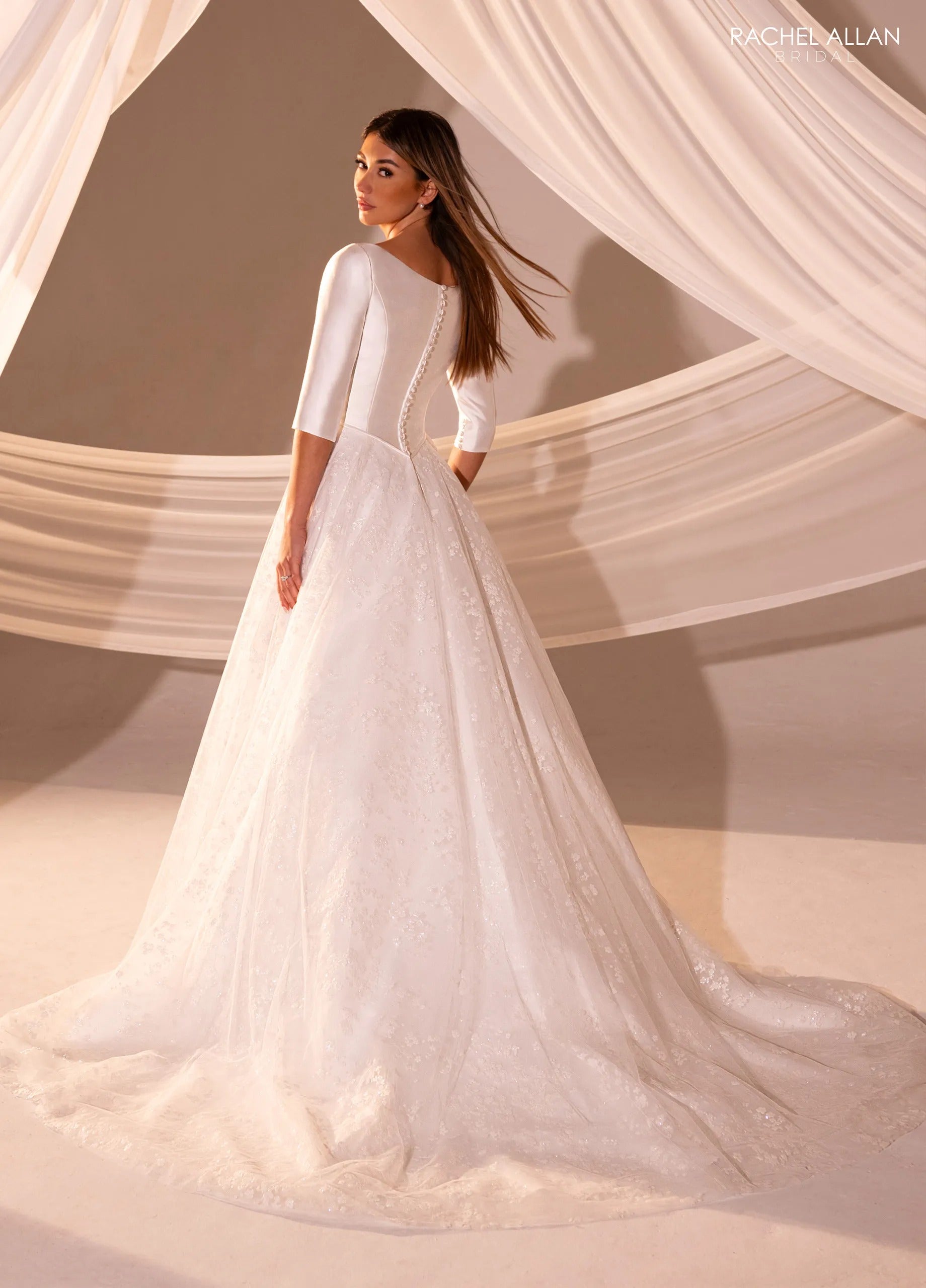 Ivory Bateau Neck Floor-Length Satin and Lace Bridal Wedding Gown with 3/4 Sleeves Rachel Allan RB7013