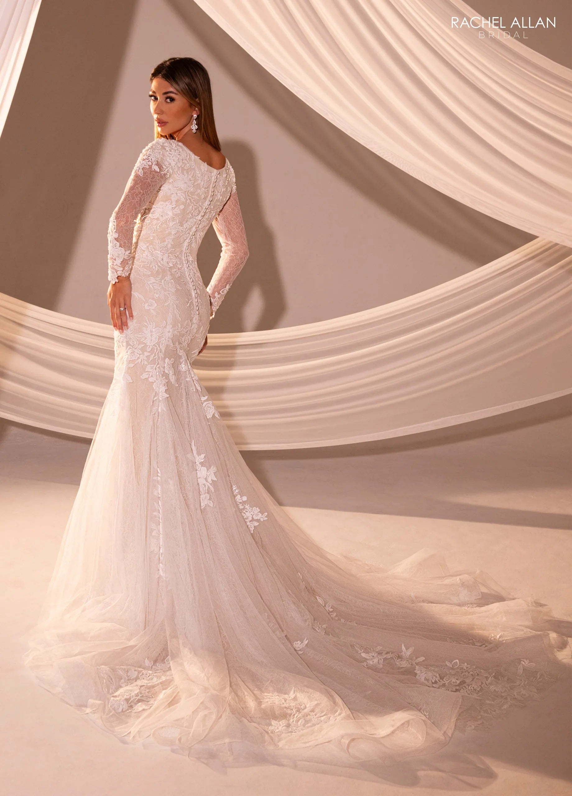 Ivory Sand Bateau Neck Floor-Length Lace Bridal Wedding Gown with Long Sleeves Rachel Allan RB7017