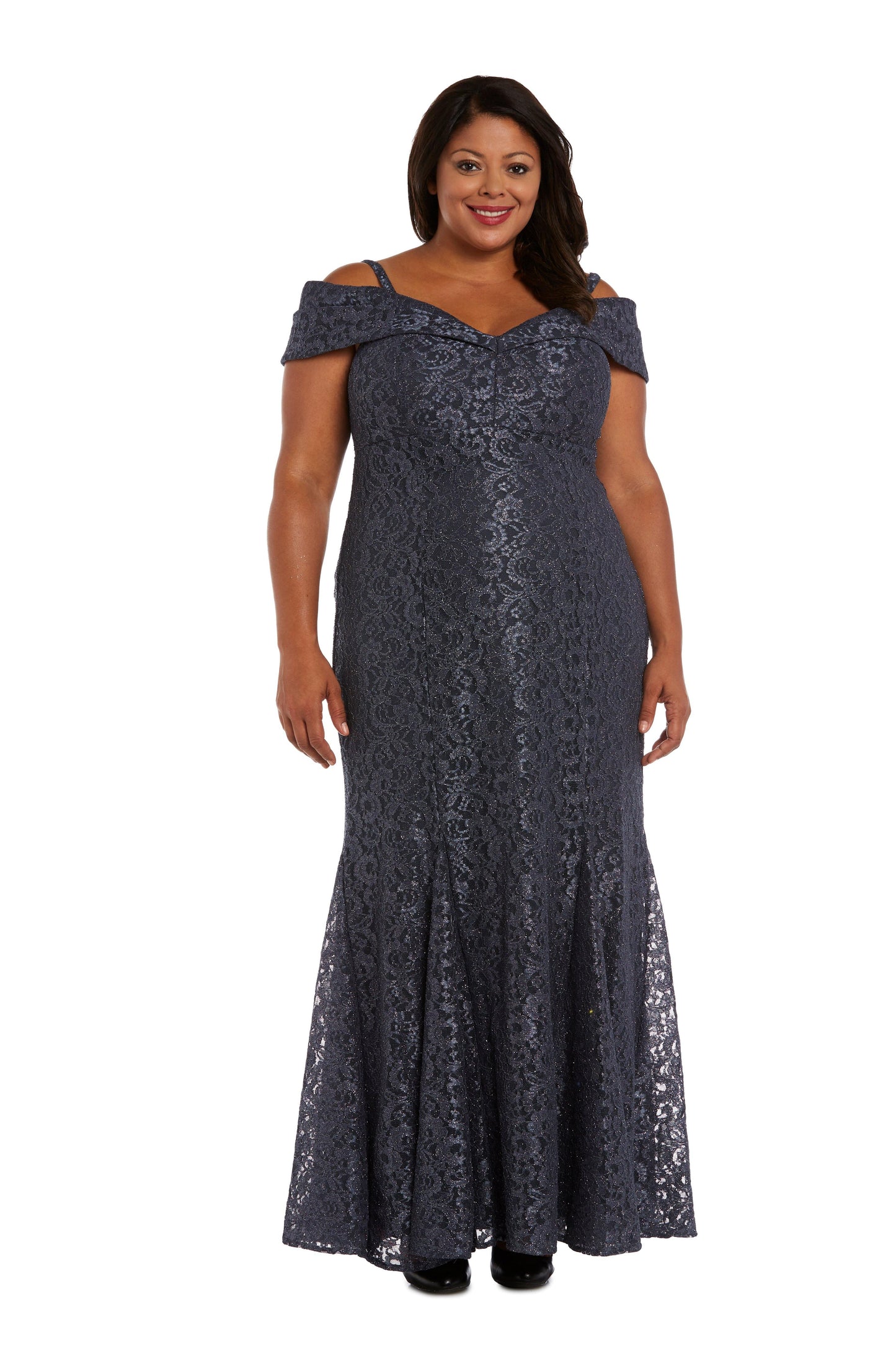 R&M Richards Plus Size Long Formal Lace Gown Steel