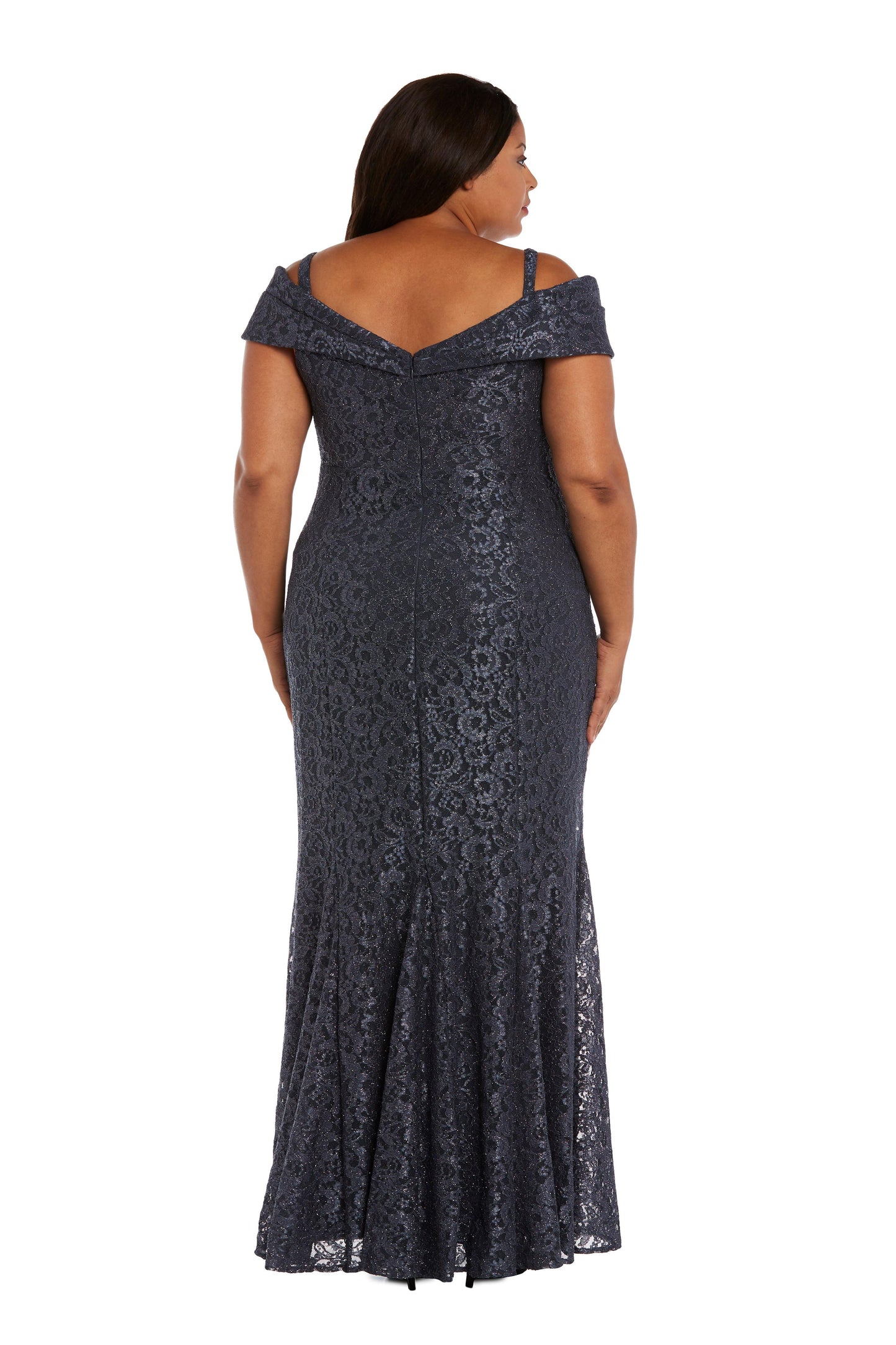 R&M Richards Plus Size Long Formal Lace Gown Steel