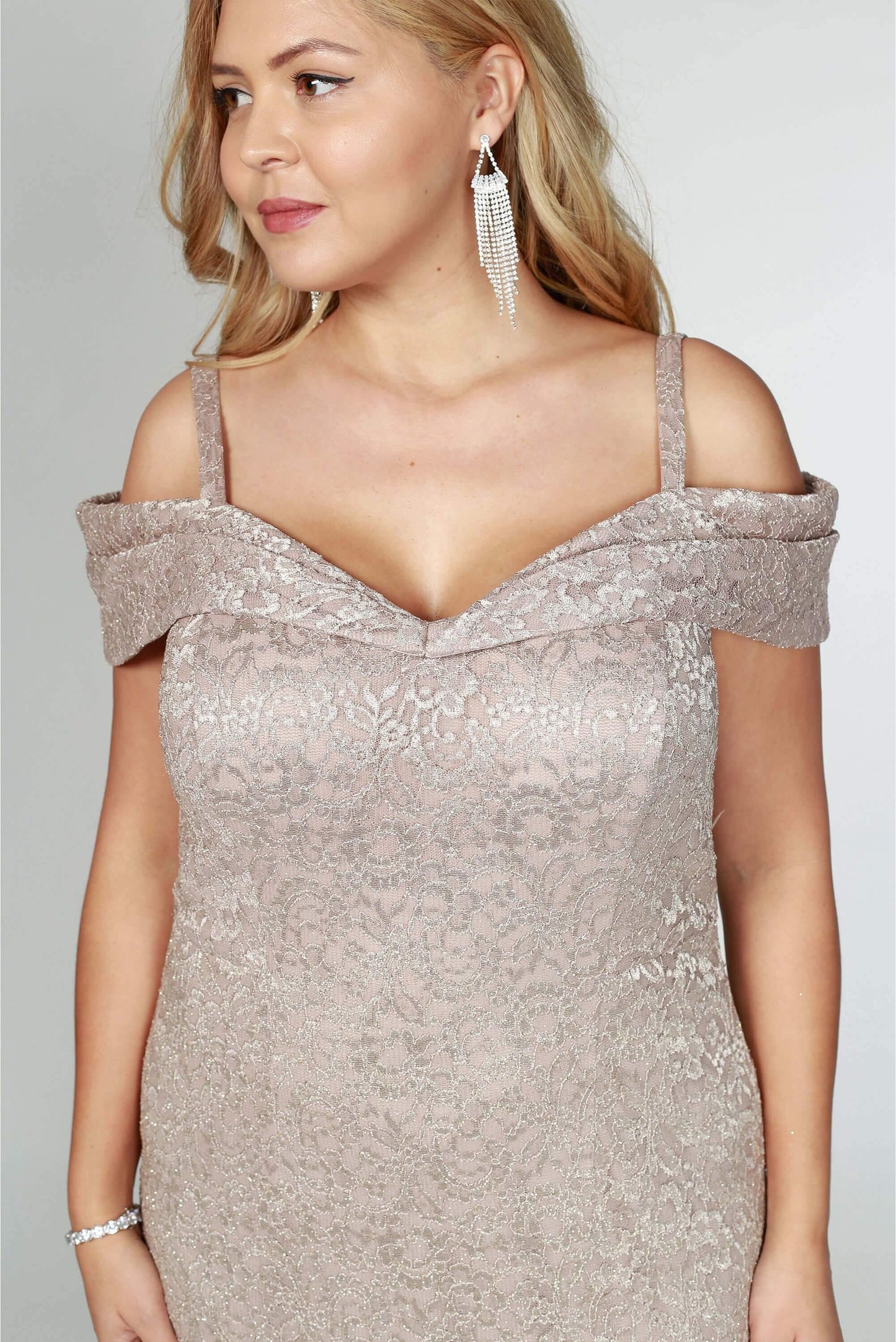 R&M Richards Short Plus Size Lace Dress Champagne - The Dress Outlet R&M Richards