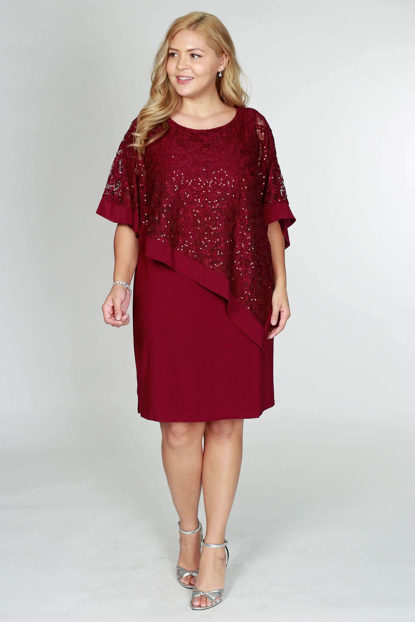 R&M Richards Short Plus Size Lace Cape Dress - The Dress Outlet R&M Richards