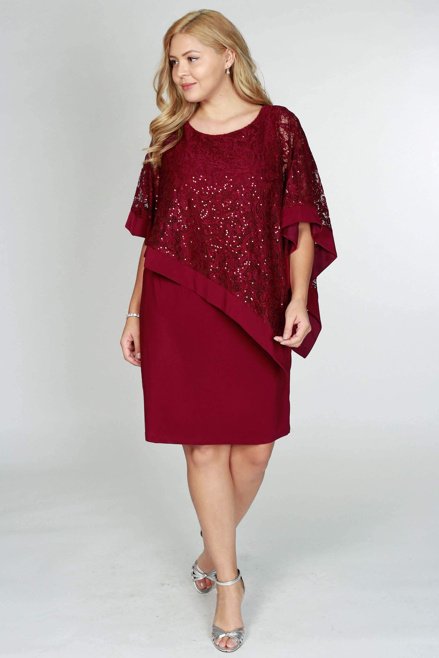 R&M Richards Short Plus Size Lace Cape Dress - The Dress Outlet R&M Richards