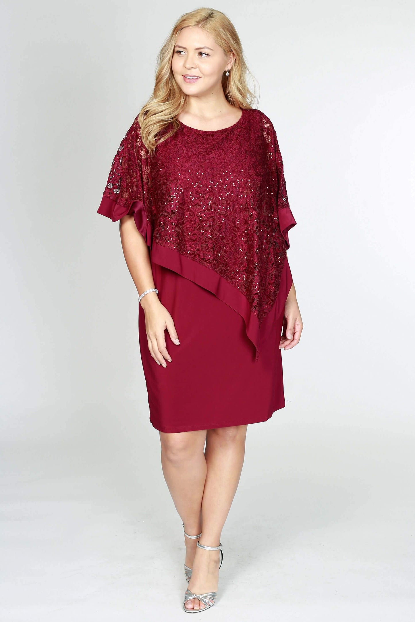 R&M Richards Short Plus Size Lace Cape Dress - The Dress Outlet R&M Richards