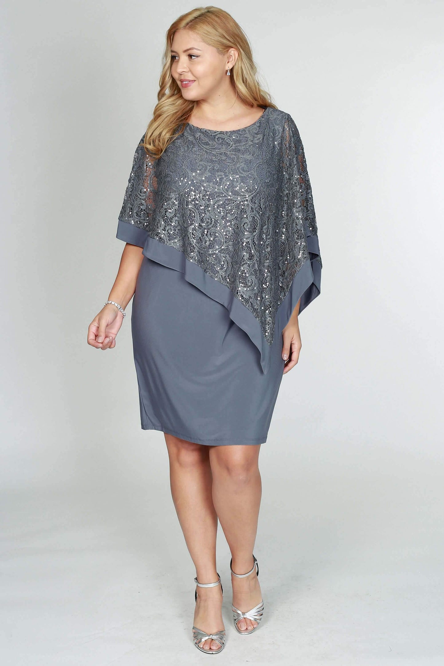 R&M Richards Short Plus Size Lace Cape Dress - The Dress Outlet R&M Richards