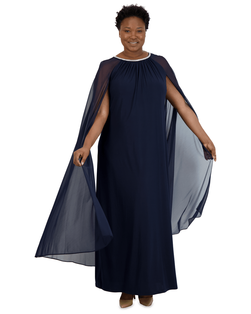 R&M Richards Plus Size Long Formal Cape Gown Navy