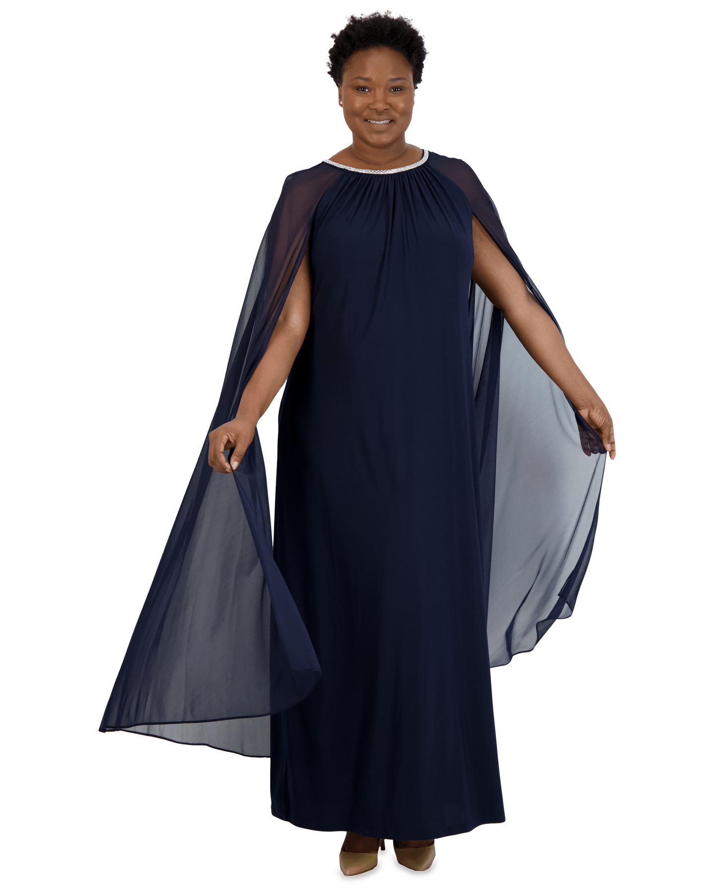 R&M Richards 2487W Plus Size Maternity Long Formal Cape Gown