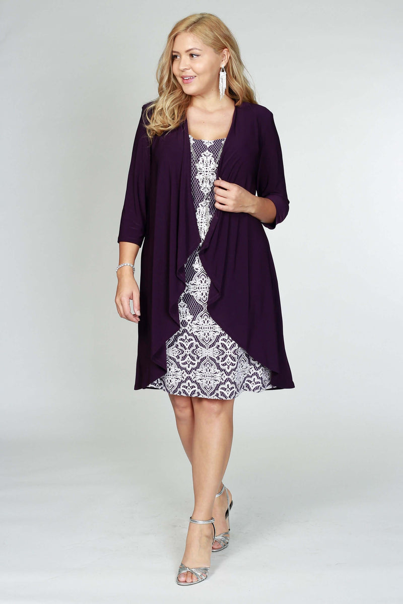 R&M Richards Short Cocktail Lace Dress Eggplant - The Dress Outlet R&M Richards