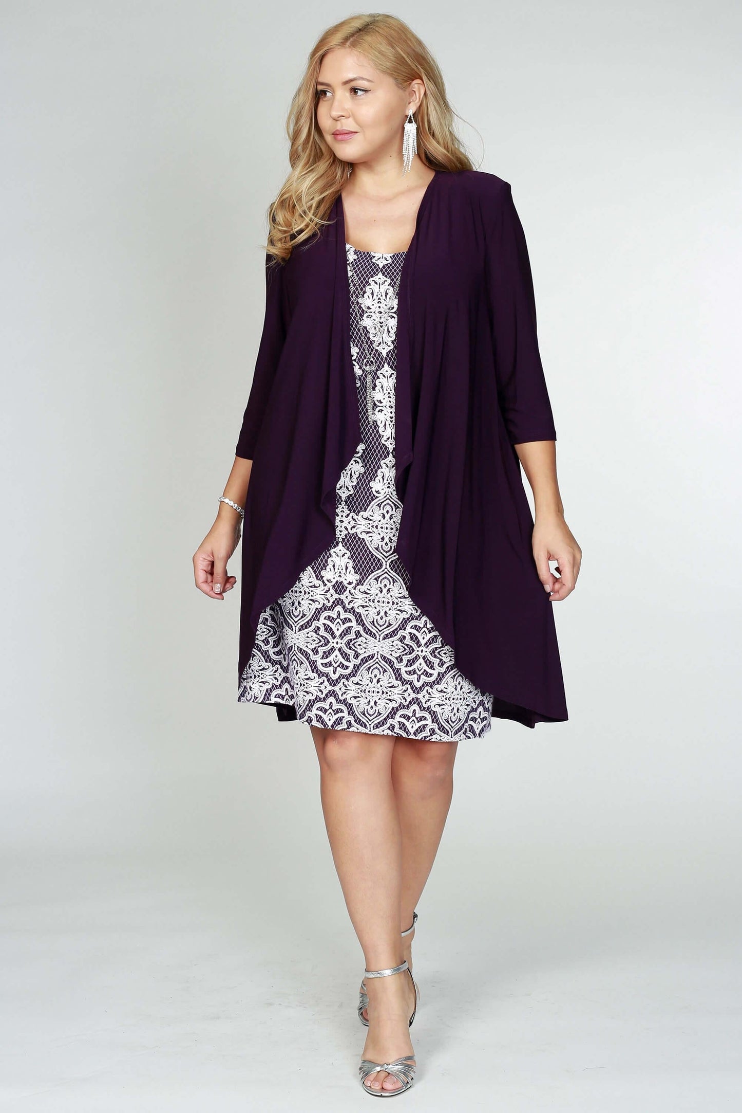 R&M Richards Short Cocktail Lace Dress Eggplant - The Dress Outlet R&M Richards