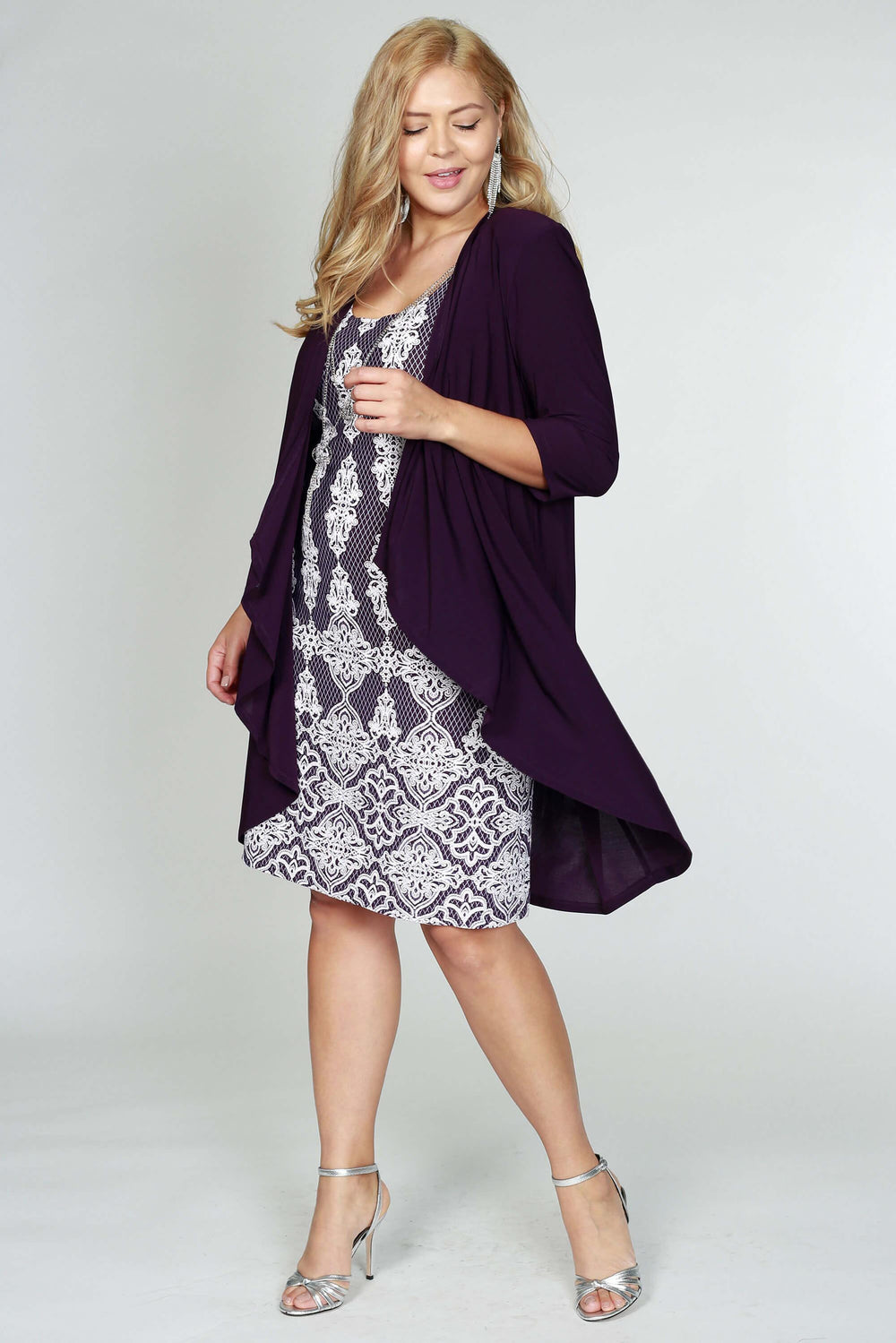 R&M Richards Short Cocktail Lace Dress Eggplant - The Dress Outlet R&M Richards