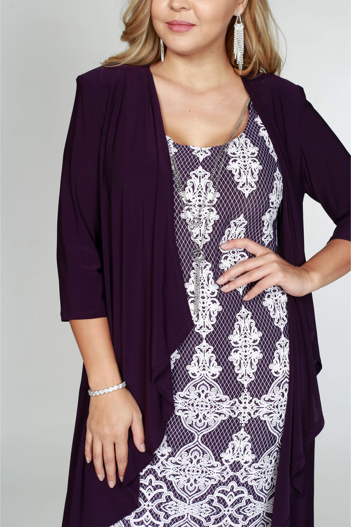 R&M Richards Short Cocktail Lace Dress Eggplant - The Dress Outlet R&M Richards