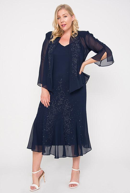 Tea Length Navy Blue Plus Size Mother Of The Groom Dress Plus Size