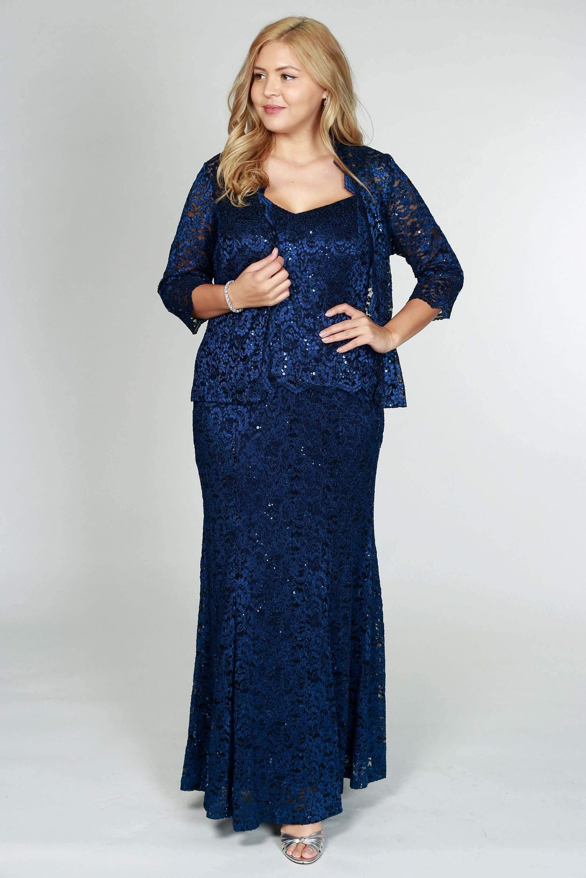 R&M Richards Long Plus Size Formal Lace Dress Navy - The Dress Outlet R&M Richards