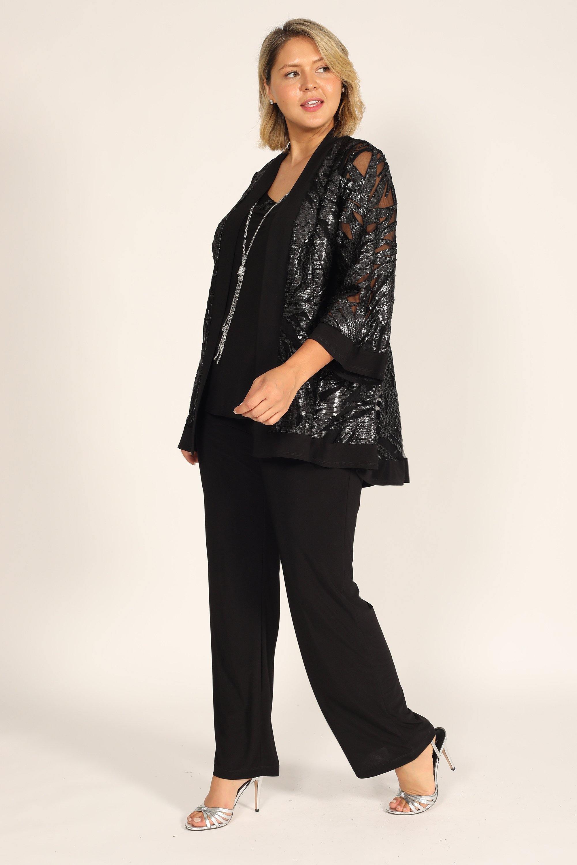 Black/Silver R&M Richards 7547W Formal Plus Size Jacket Pant Suit