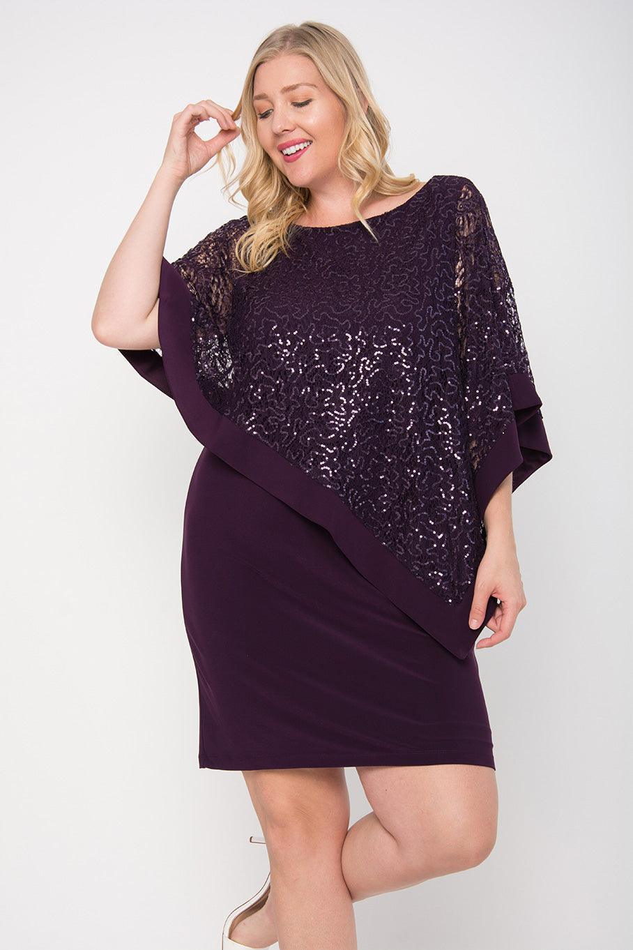 R&M Richards Short Plus Size Mother of the Bride Poncho Cape Dress Plum