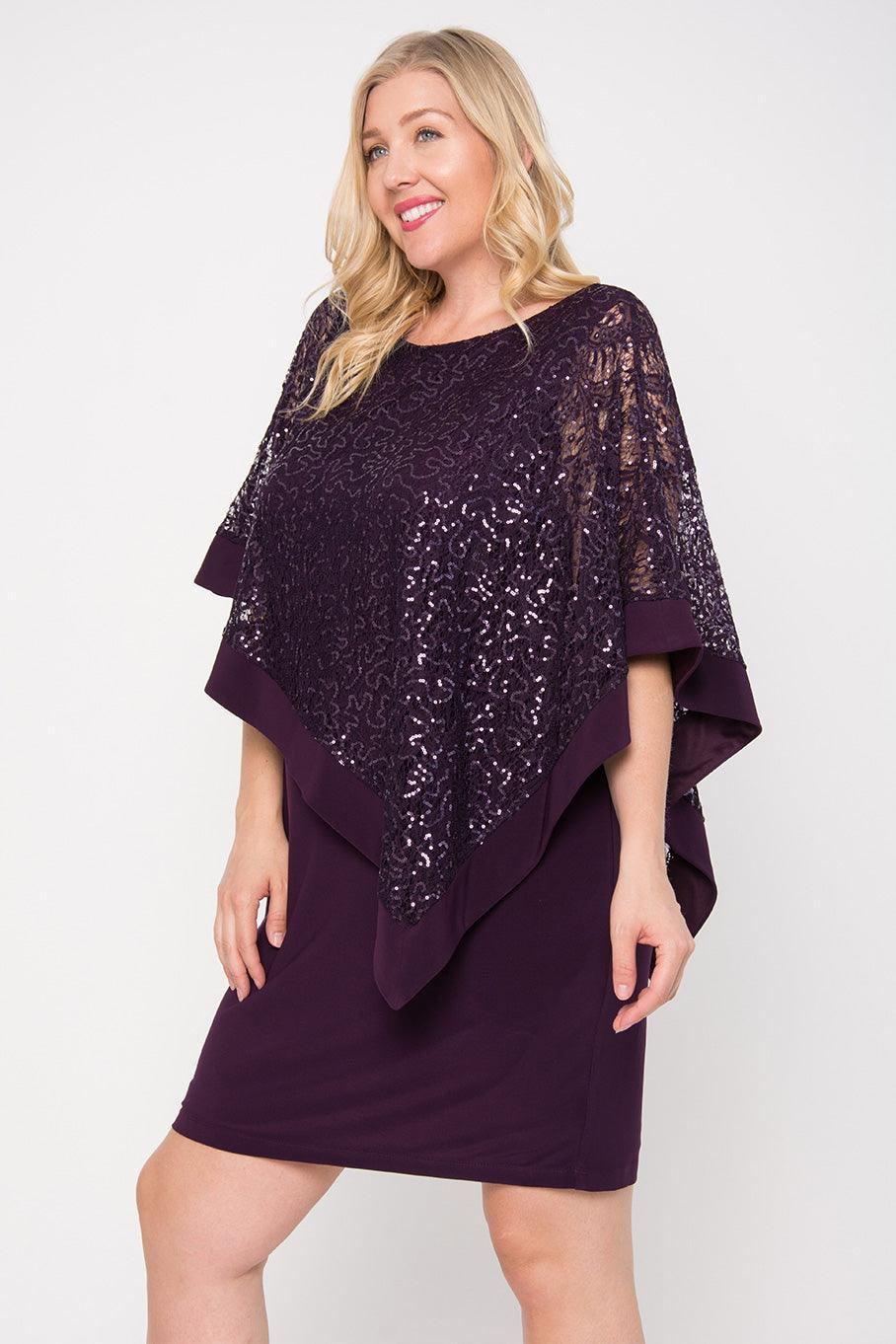 R&M Richards Short Plus Size Mother of the Bride Poncho Cape Dress Plum