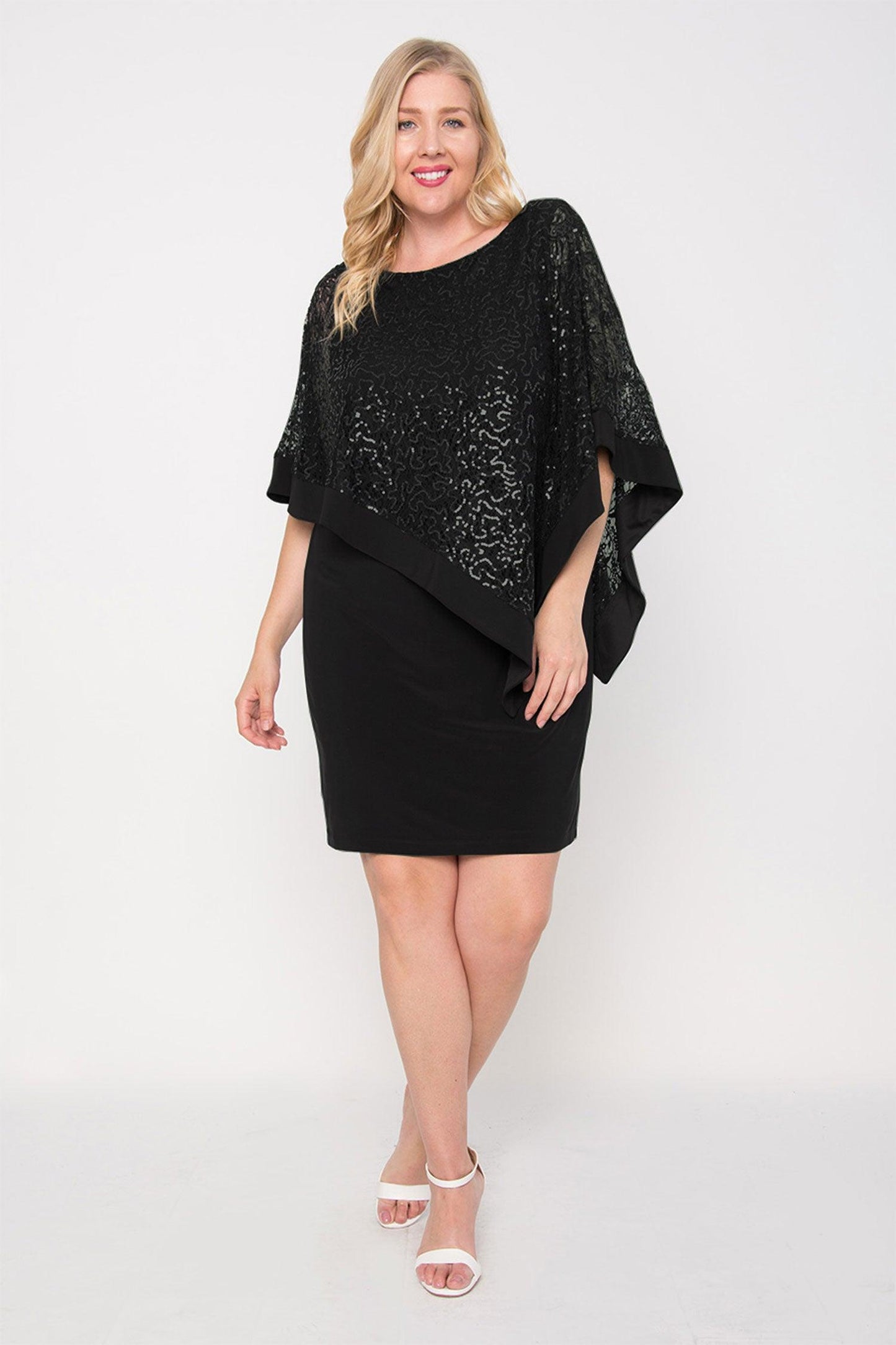 R&M Richards Short Plus Size Mother of the Bride Poncho Cape Dress Black